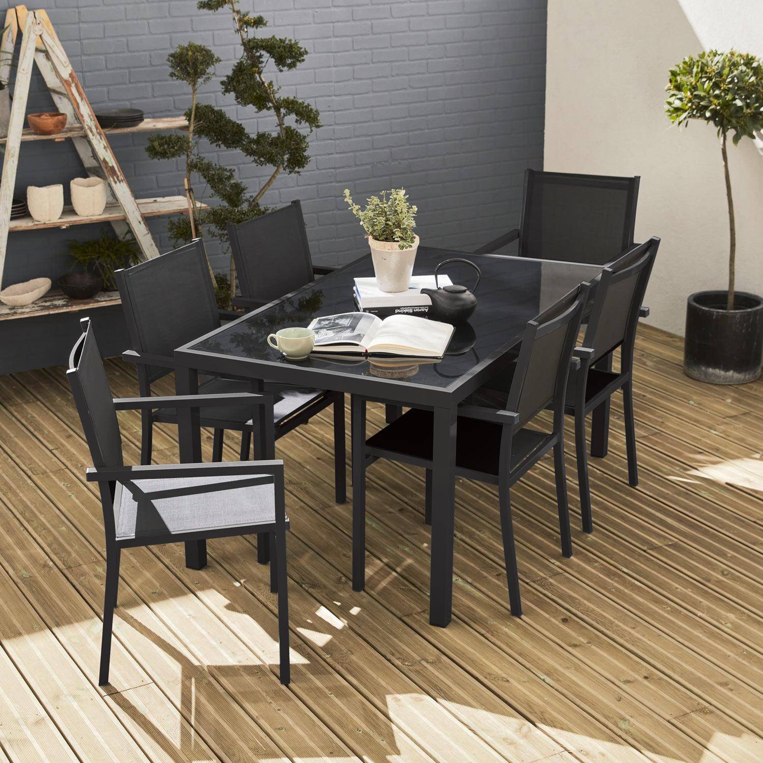 Comedor de jardin, conjunto de mesa y sillas de aluminio y textileno - Antracita / Gris - 6 plazas - Capua Photo1