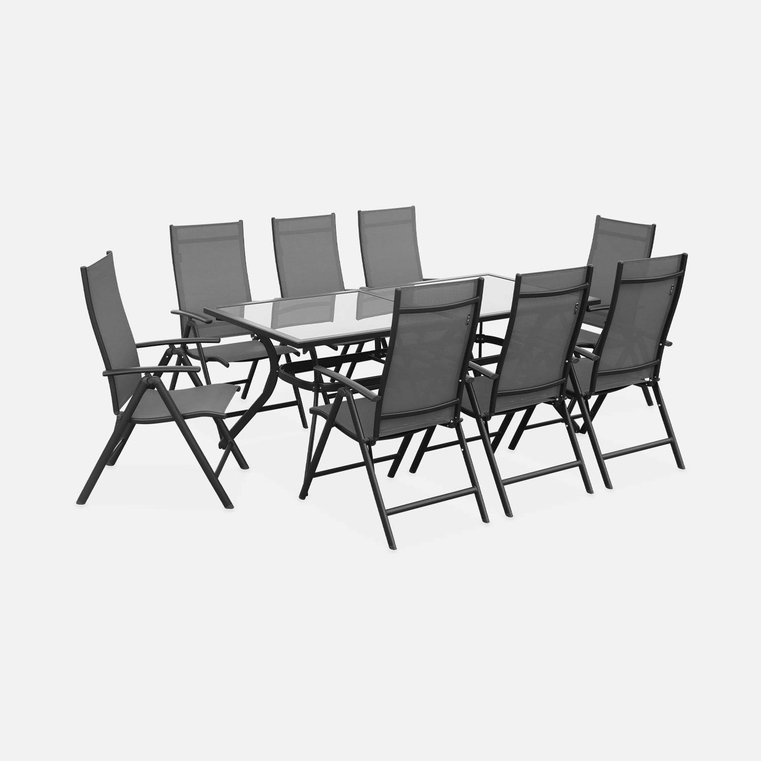 Salon de jardin en aluminium et textilène - Naevia - Gris, Anthracite - 8 places - 1 grande table rectangulaire, 8 fauteuils pliables Photo5