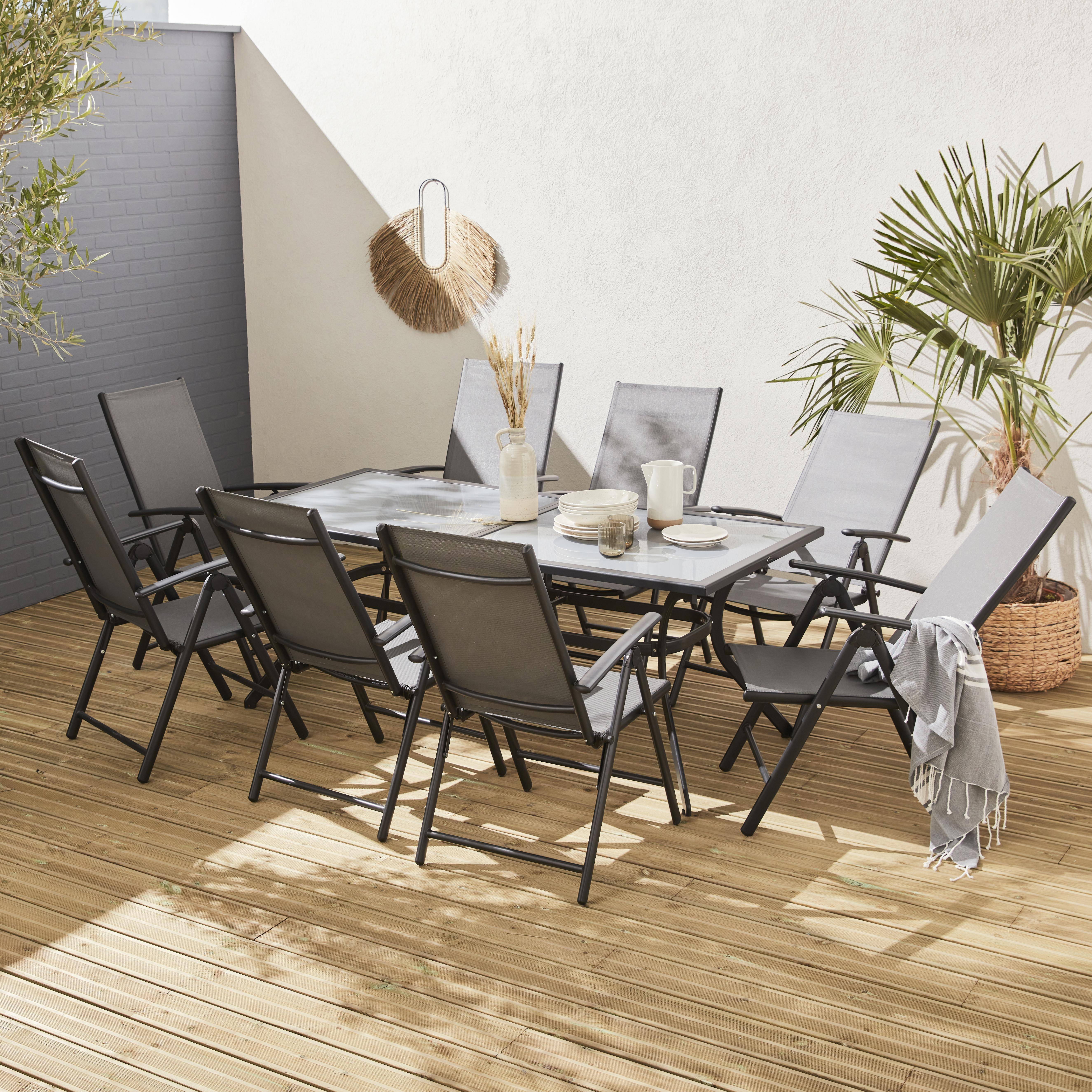 Salon de jardin en aluminium et textilène - Naevia - Gris, Anthracite - 8 places - 1 grande table rectangulaire, 8 fauteuils pliables Photo1