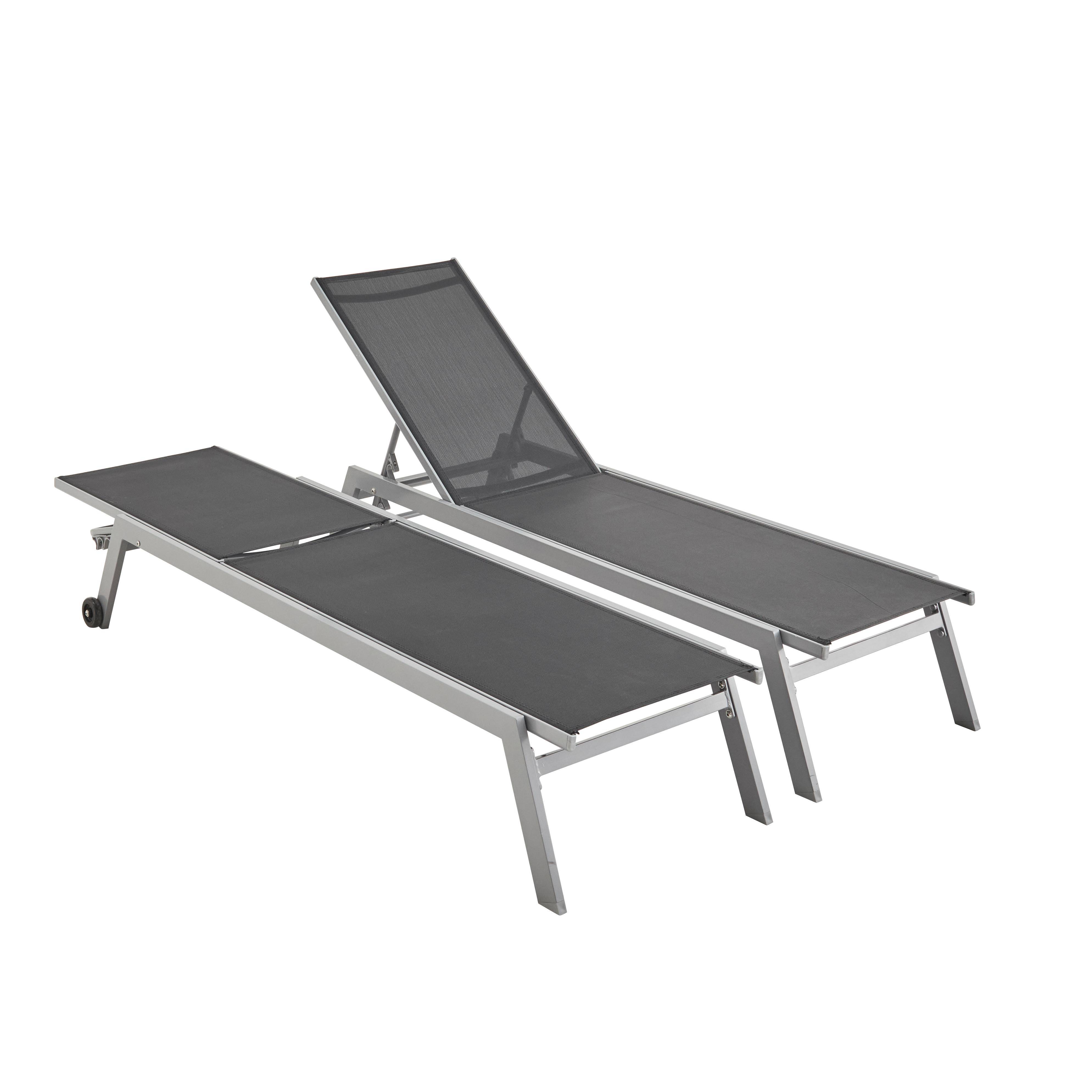 Set mit 2 ELSA Sonnenliegen aus grauem Aluminium und schwarzem Textilene, Liegestühle mit mehreren Positionen und Rädern Photo2