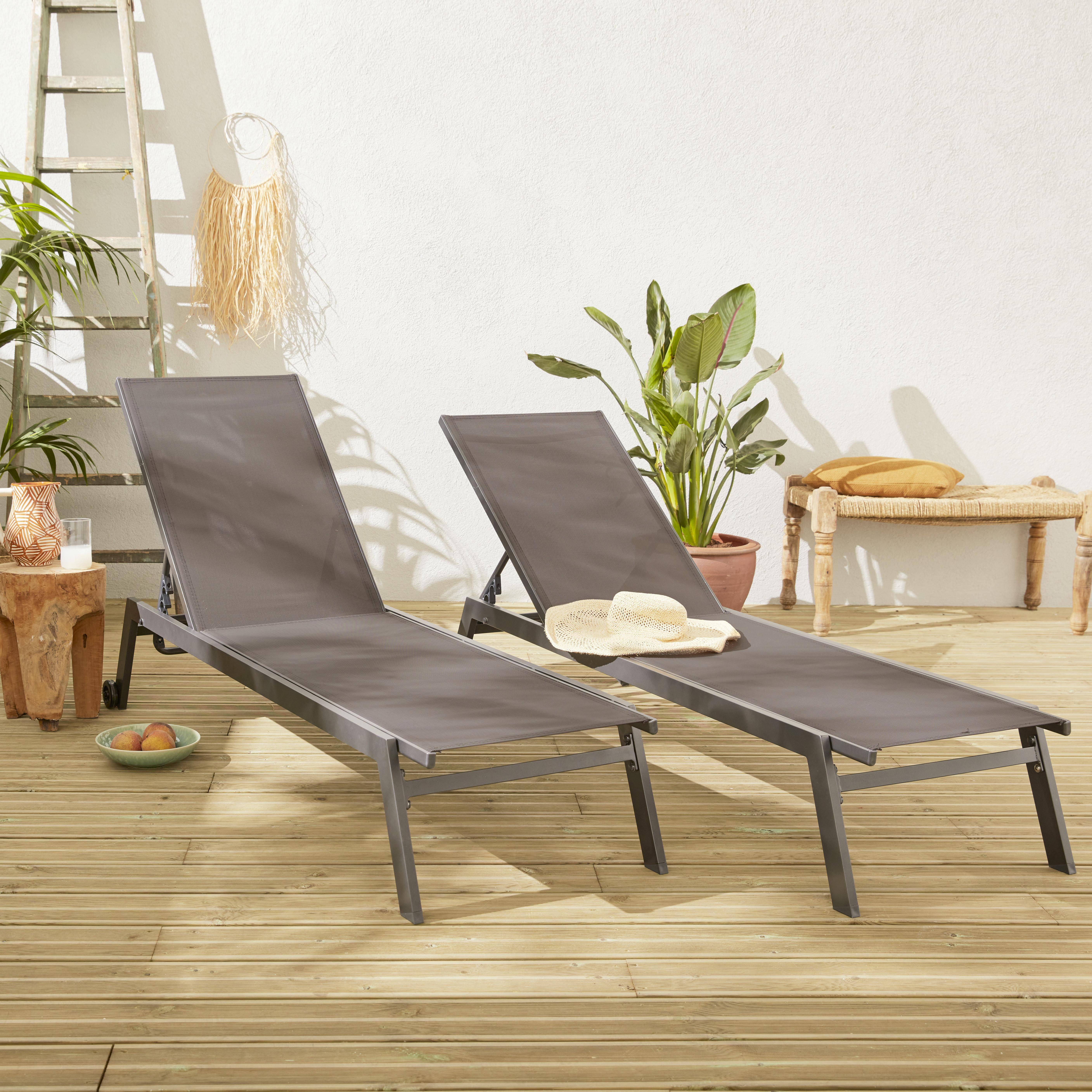 Set mit 2 ELSA Sonnenliegen aus grauem Aluminium und dunkelgrauem Textilene, Liegestühle mit mehreren Positionen und Rädern Photo1