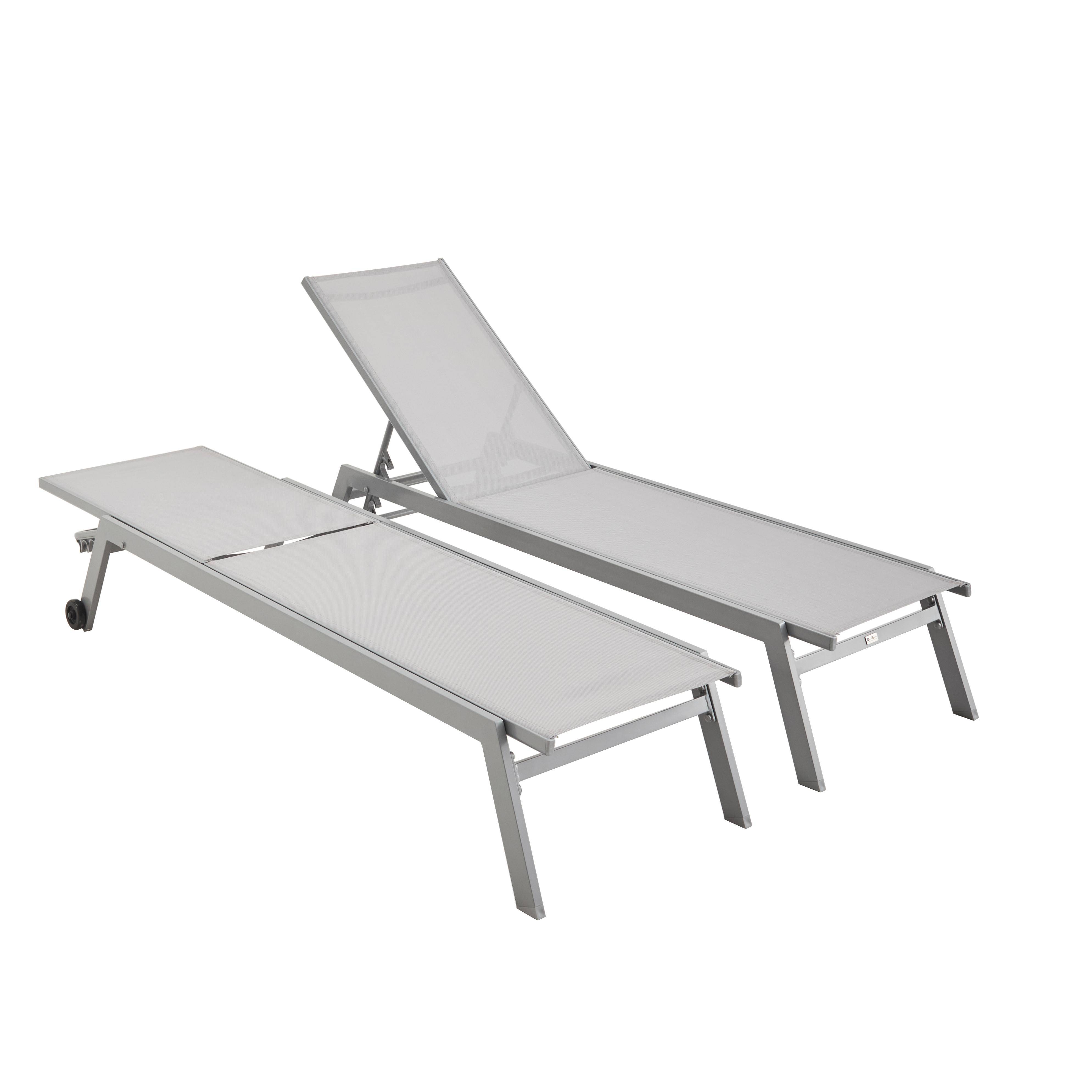 Set mit 2 ELSA Sonnenliegen aus grauem Aluminium und hellgrauem Textilene, Liegestühle mit mehreren Positionen und Rädern Photo2