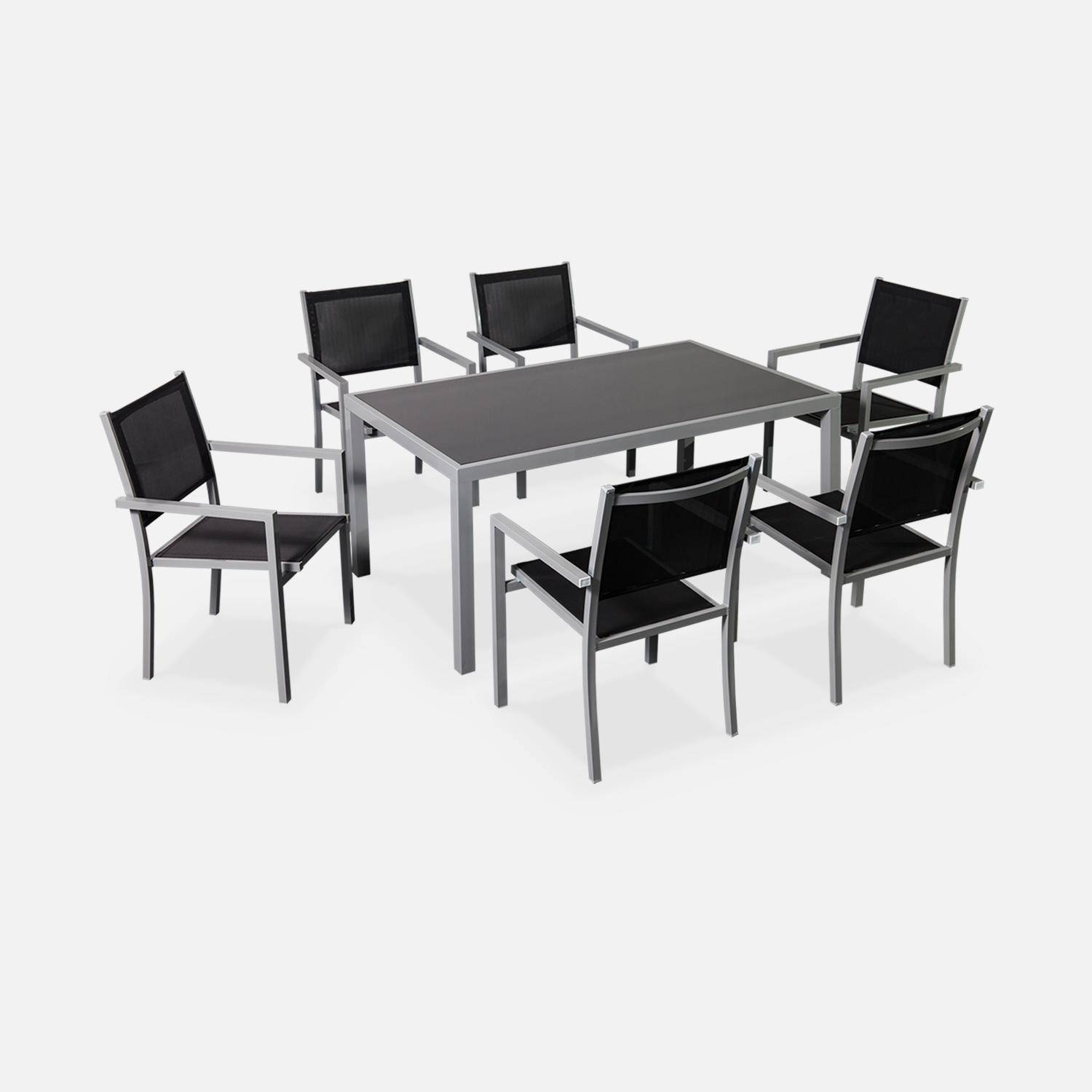 Salon de jardin en aluminium et textilène - Capua - Gris, noir - 6 places - 1 grande table rectangulaire, 6 fauteuils empilables Photo2