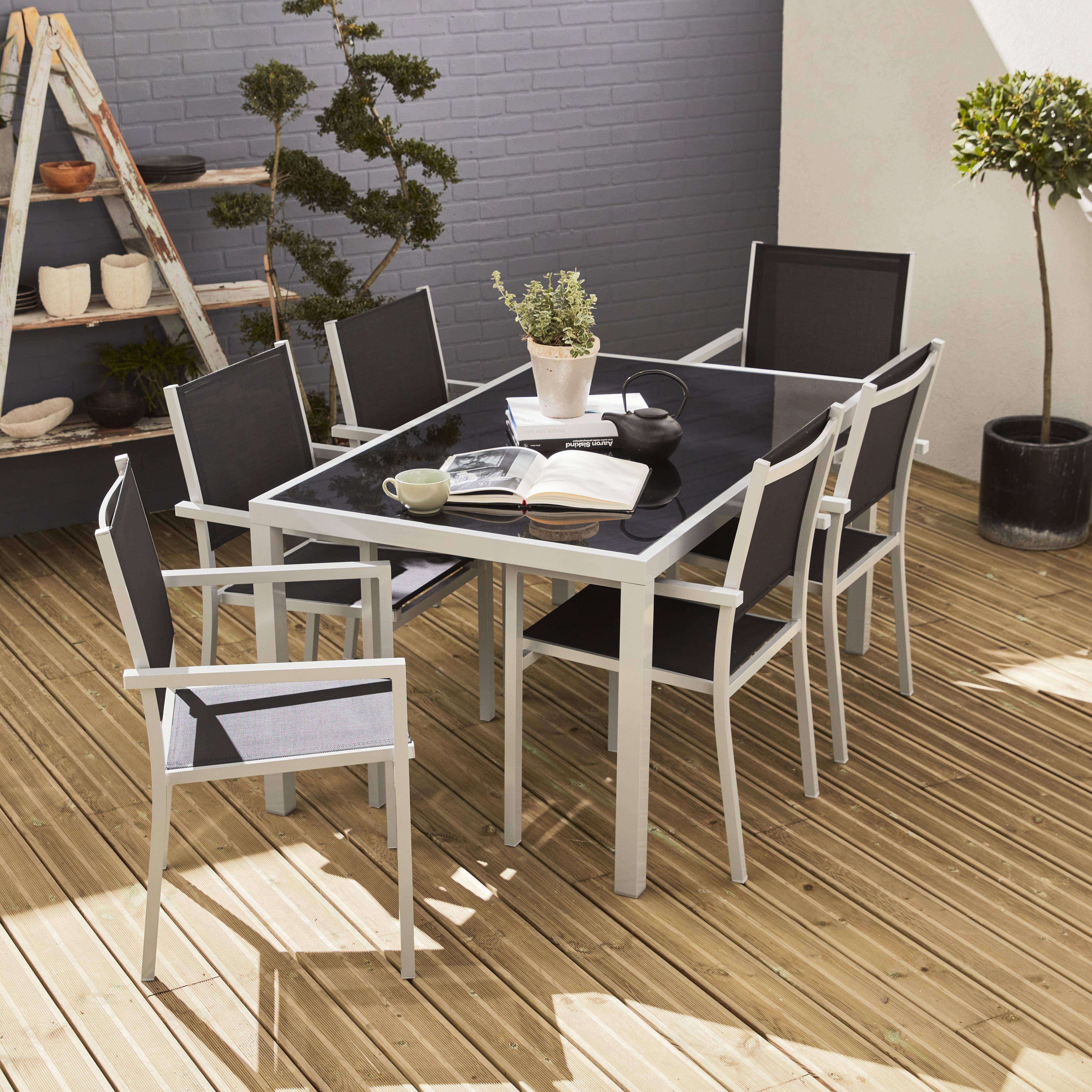 Gartengarnitur aus Aluminium und Textilene - Capua - Grau, Schwarz - 6 Plätze - 1 großer rechteckiger Tisch, 6 stapelbare Sessel Photo1