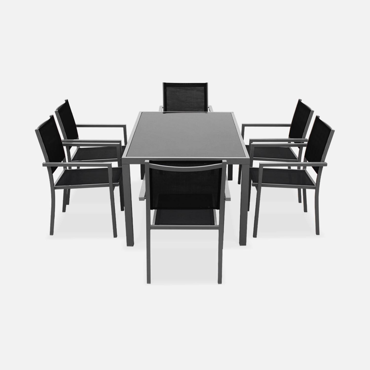 Salon de jardin en aluminium et textilène - Capua - Gris, noir - 6 places - 1 grande table rectangulaire, 6 fauteuils empilables Photo3