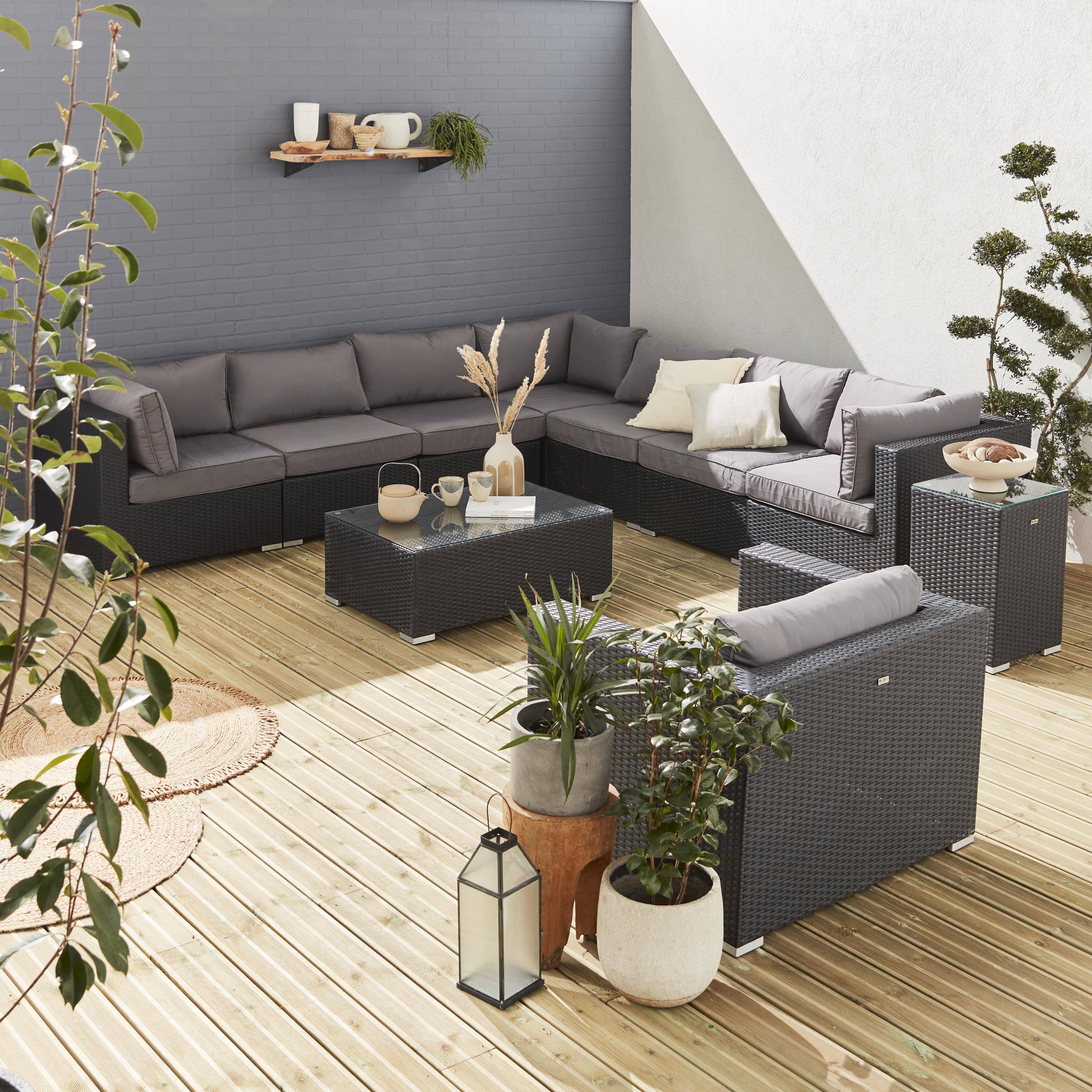 Móvel de jardim, conjunto de sofás de exterior, rotim (aspeto vime) sintético, resina trançada - Preto, almofadas em cinzento - 8 e 10 lugares - VENEZIA Photo1