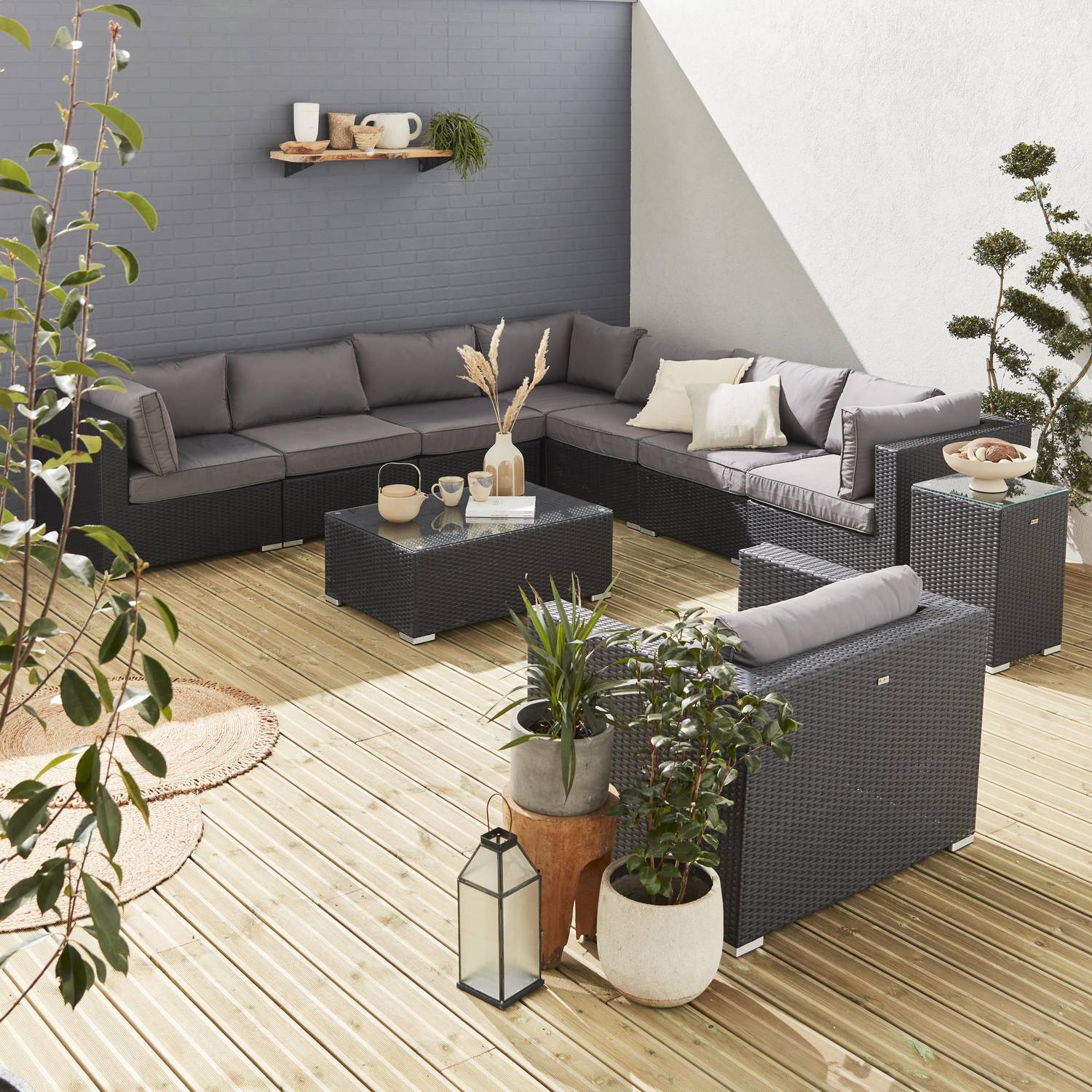 Gartengarnitur aus Kunststoffrattan - Venezia - Schwarz, graue Kissen - 10 Sitze Photo1