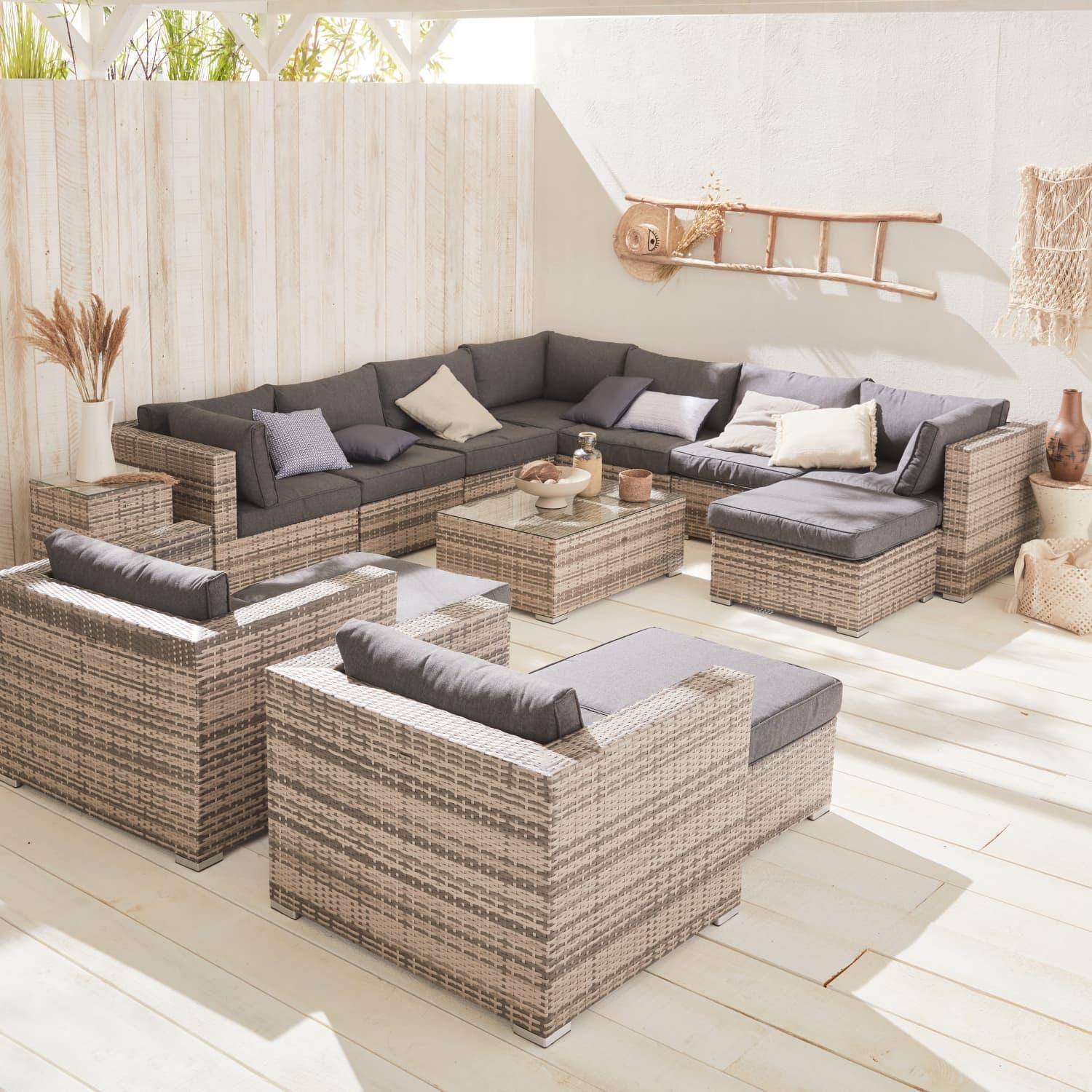 Mueble de jardin, conjunto sofa de exterior, ratan sintetico, resina trenzada - Varios tonos de gris - 12 a 14 plazas - TRIPOLI Photo1