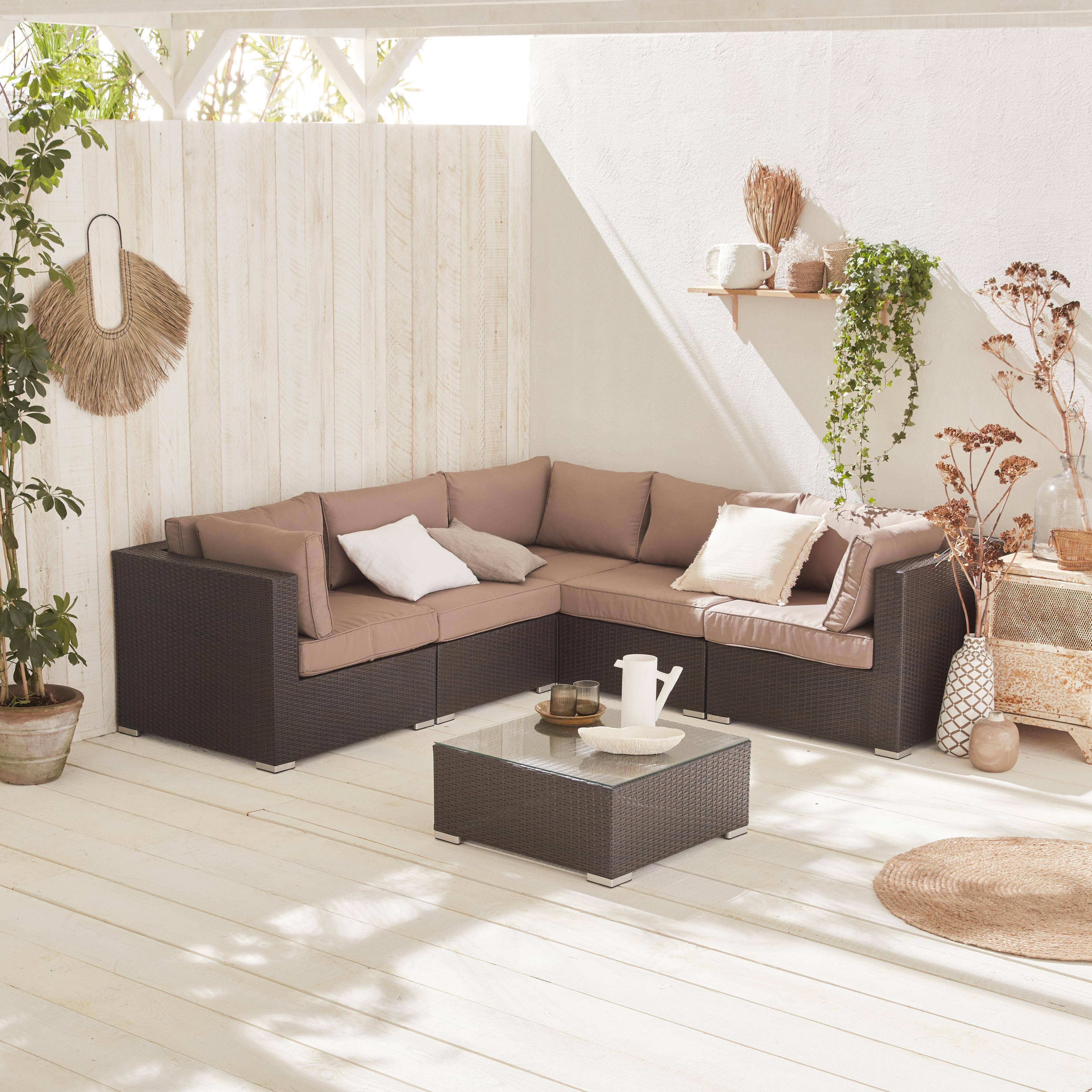 Muebles de jardin, conjunto sofa de exterior, Marron Marron, 5 plazas, ratan sintetico, resina trenzada - NAPOLI Photo1