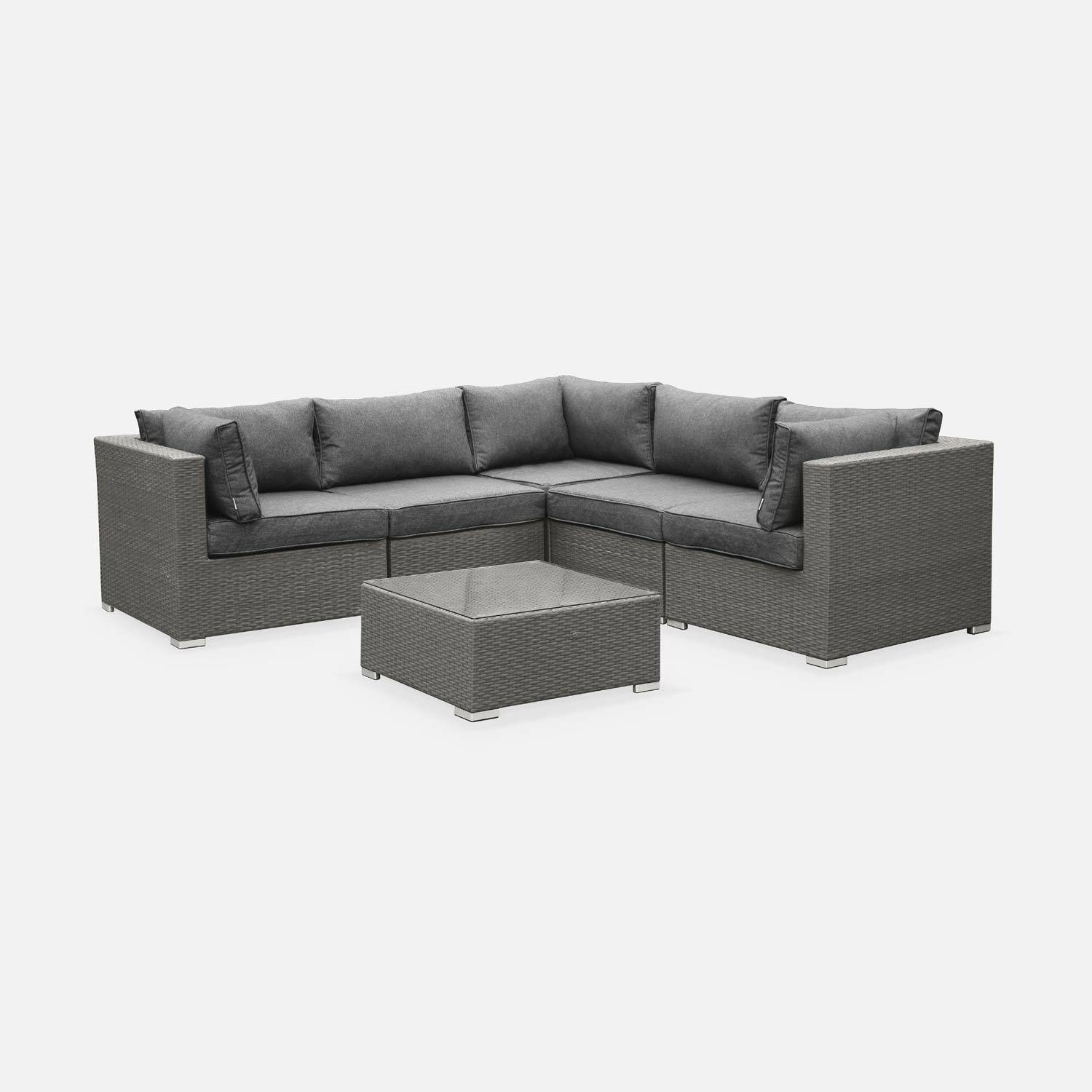 Gartengarnitur aus Kunststoffrattan - Napoli - grau, graumelierte Kissen - 5 Sitze - 2 Sessel ohne Armlehnen, 3 Ecksessel, ein Couchtisch Photo2