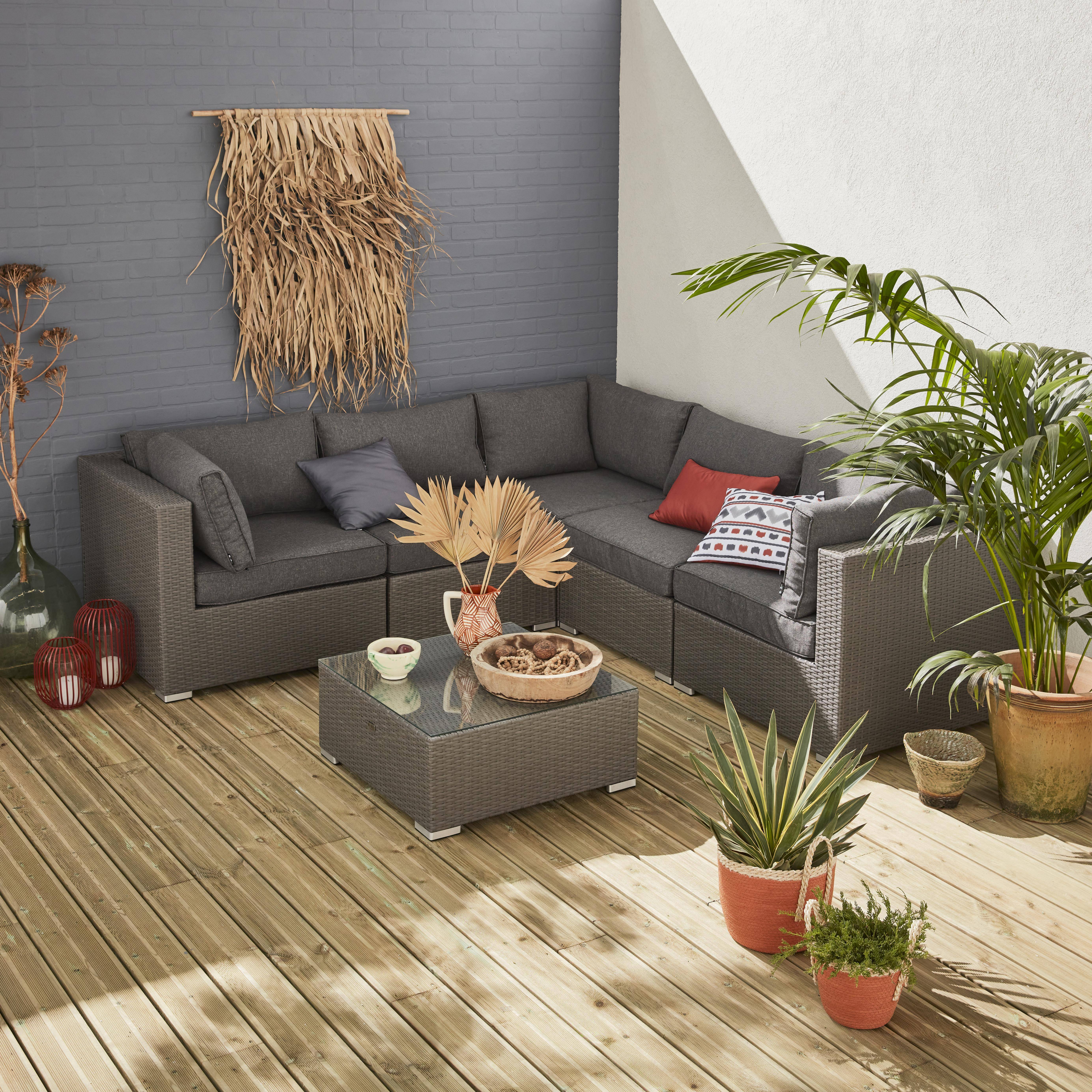 Gartengarnitur aus Kunststoffrattan - Napoli - grau, graumelierte Kissen - 5 Sitze - 2 Sessel ohne Armlehnen, 3 Ecksessel, ein Couchtisch Photo1