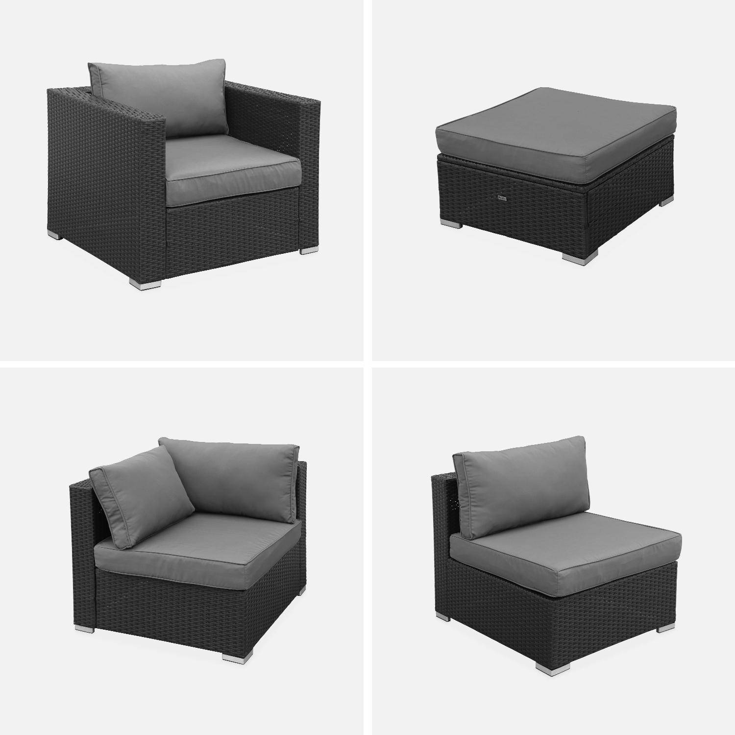 Gartengarnitur aus Polyrattan - Caligari - Schwarze, graue Kissen - 5 Plätze - 1 Sessel, 1 Sessel ohne Armlehne, 1 Fußstütze, 2 Ecksessel, ein Couchtisch Photo4