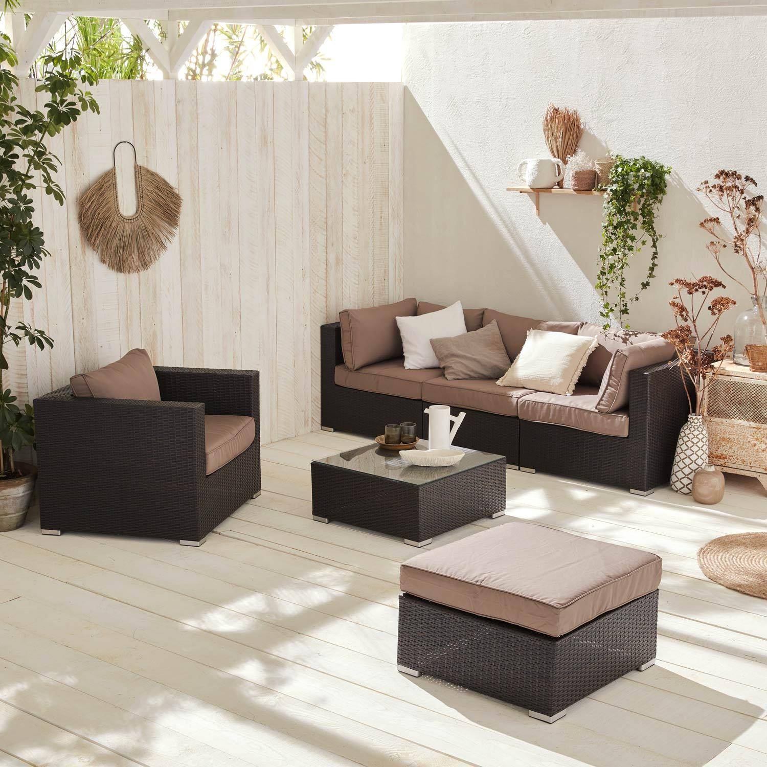 Sofá de jardim, móveis de exterior, rotim (aspeto vime) sintético, 5 lugares, (sofá de 2 m 34 cm), cómodo (profundidade de 82 cm + espessura das almofadas de 12 cm) Photo1