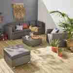 Conjunto de mobiliário de jardim em resina tecida - Caligari - Cinzento, Almofadas cinzentas - 5 lugares - 1 poltrona, 1 poltrona sem braços, 1 pufe, 2 poltronas de canto, uma mesa de centro Photo1