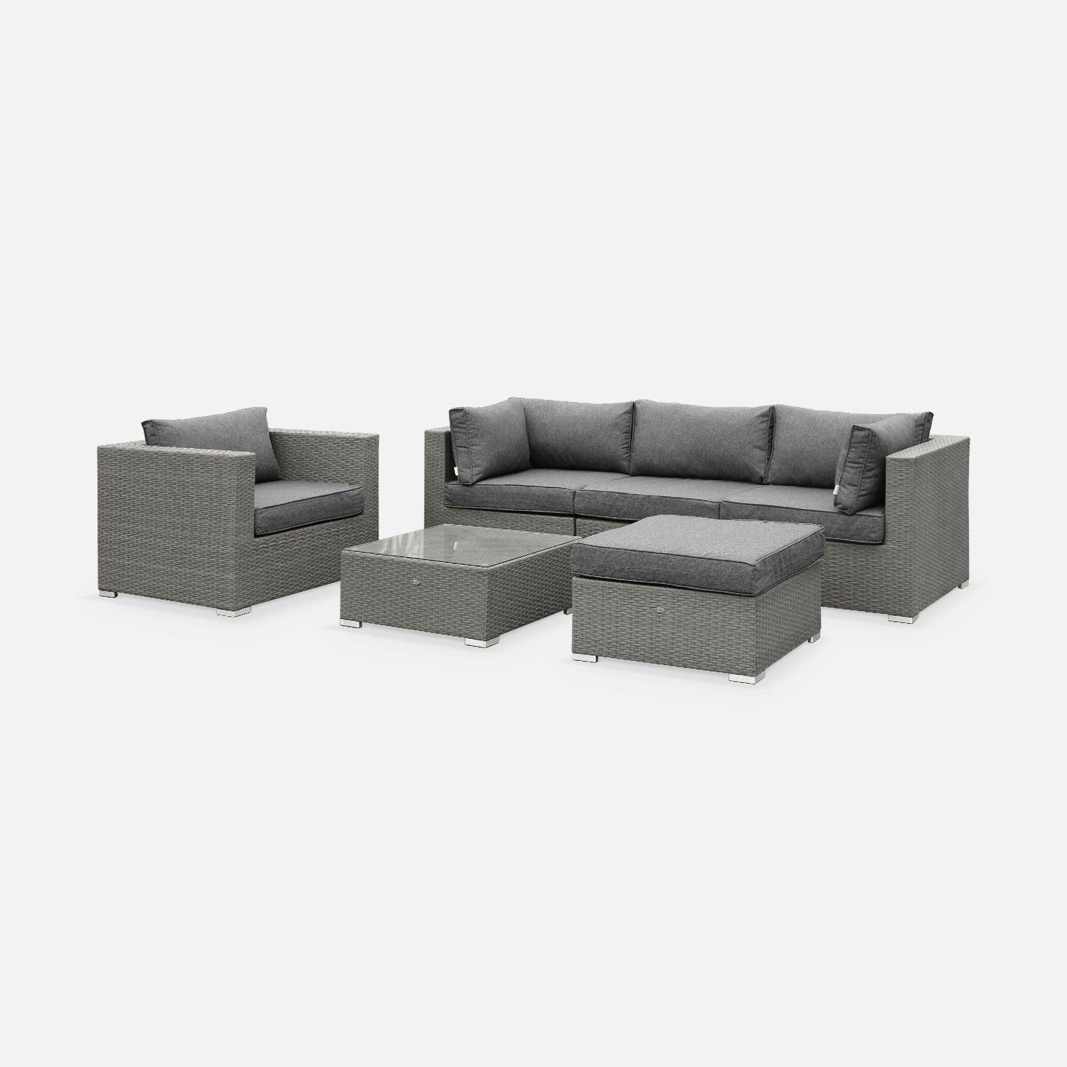 Sofá de jardim, móveis de exterior, rotim (aspeto vime) sintético, 5 lugares, (sofá de 2 m 34 cm), cómodo (profundidade de 82 cm + espessura das almofadas de 12 cm) Photo2