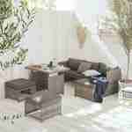 Salon de jardin 6 places - Reggiano - Résine grise, Coussins gris- Table de jardin avec canapé, méridienne et 2 poufs encastrables Photo1