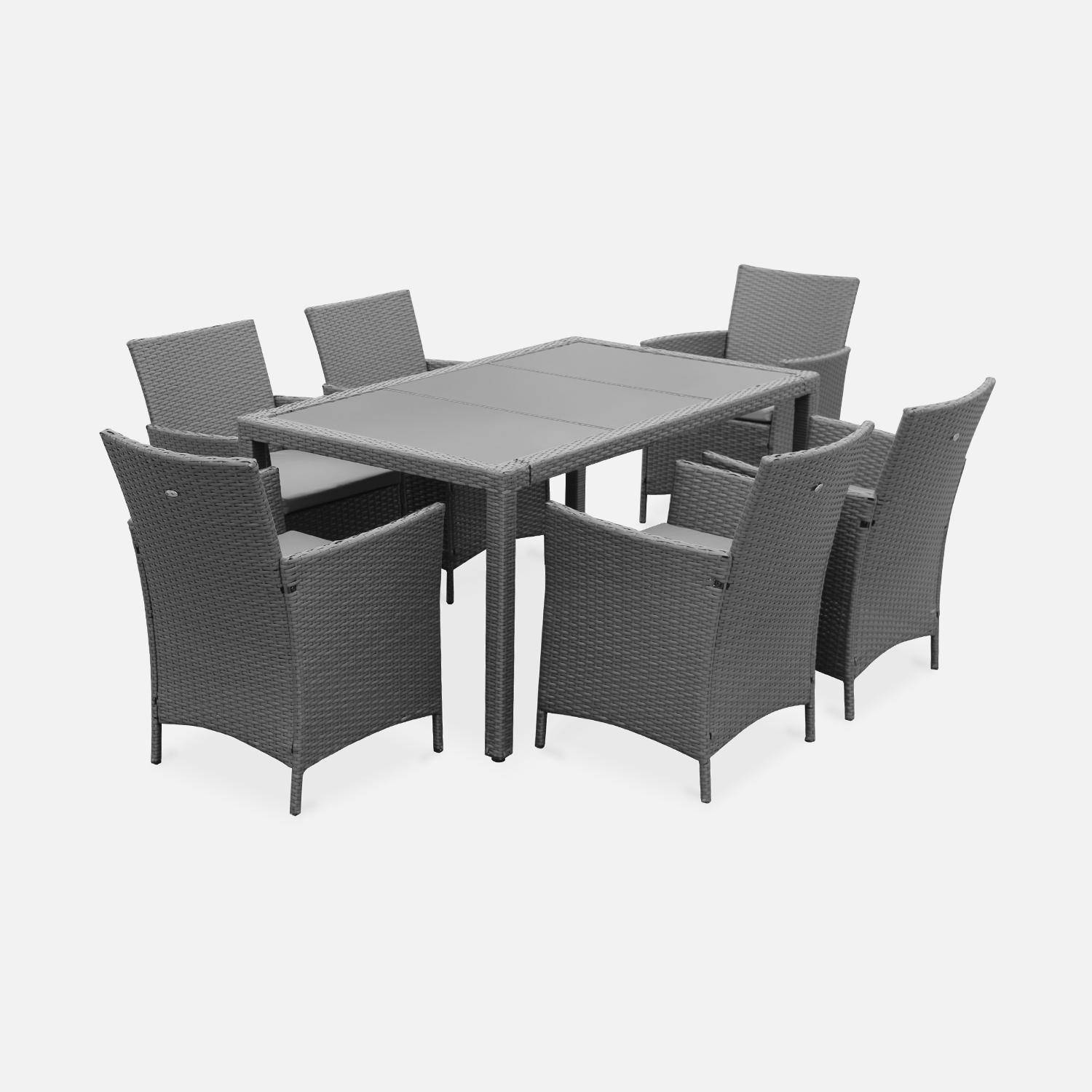 Gartengarnitur 6 Personen - Tavola 6 Grau - Kunststoffrattan, 150 cm Tisch, graue Kissen, 6 Sessel Photo2