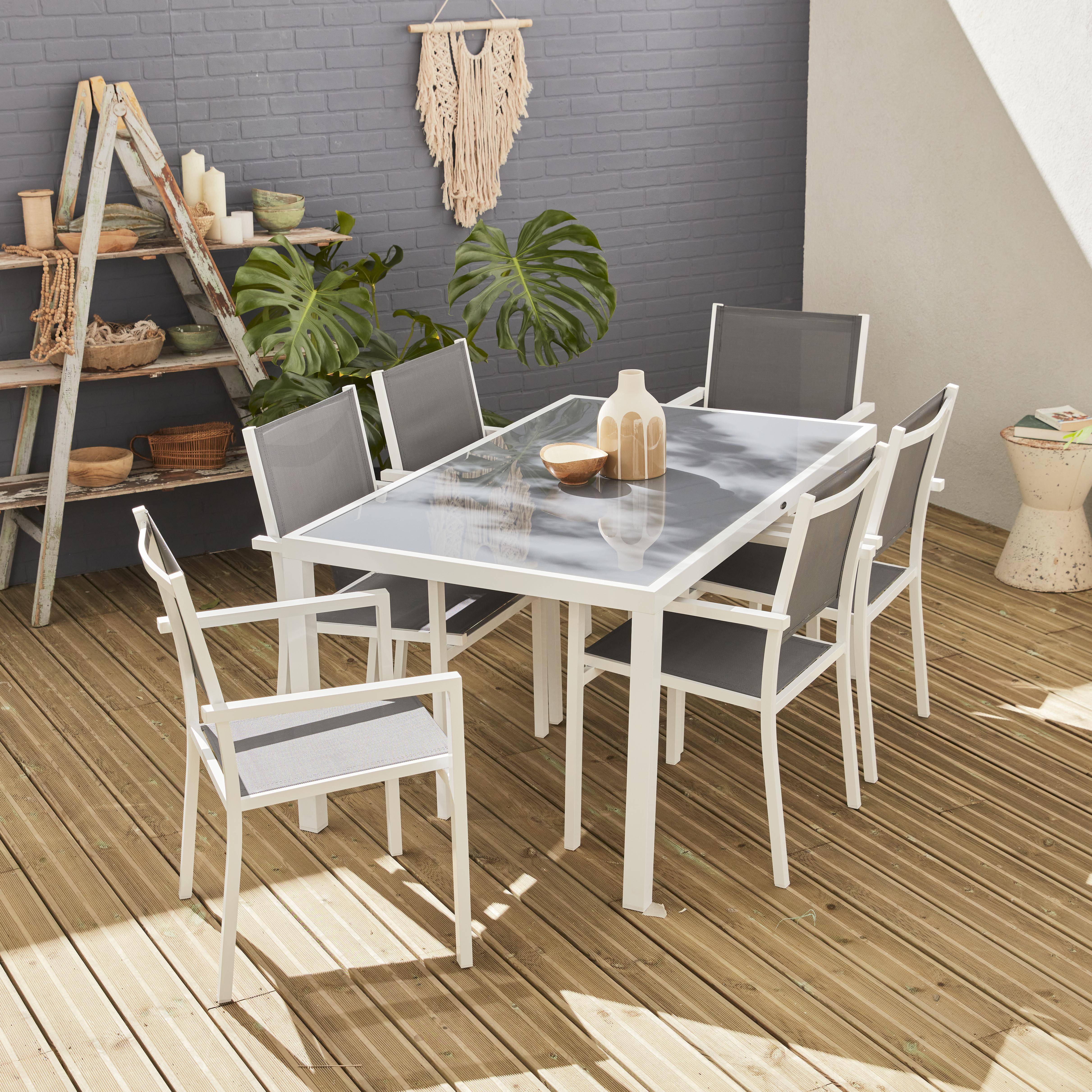Gartengarnitur aus Aluminium und Textilene - Capua - Weiß, Grau - 1 großer rechteckiger Tisch, 6 stapelbare Sessel Photo1