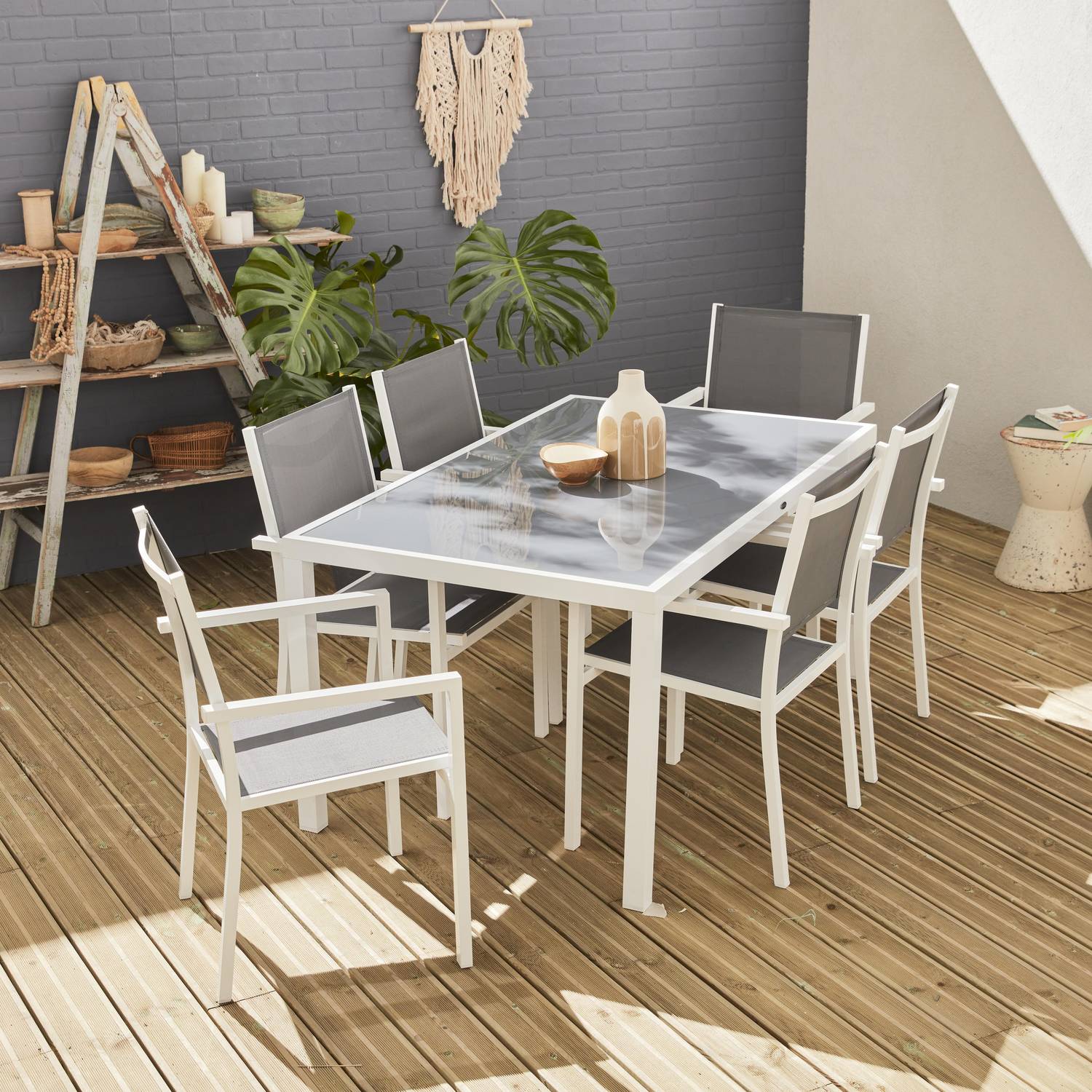 Ensemble Capua, 1 table 150cm et 6 fauteuils en aluminium et textilène Photo1