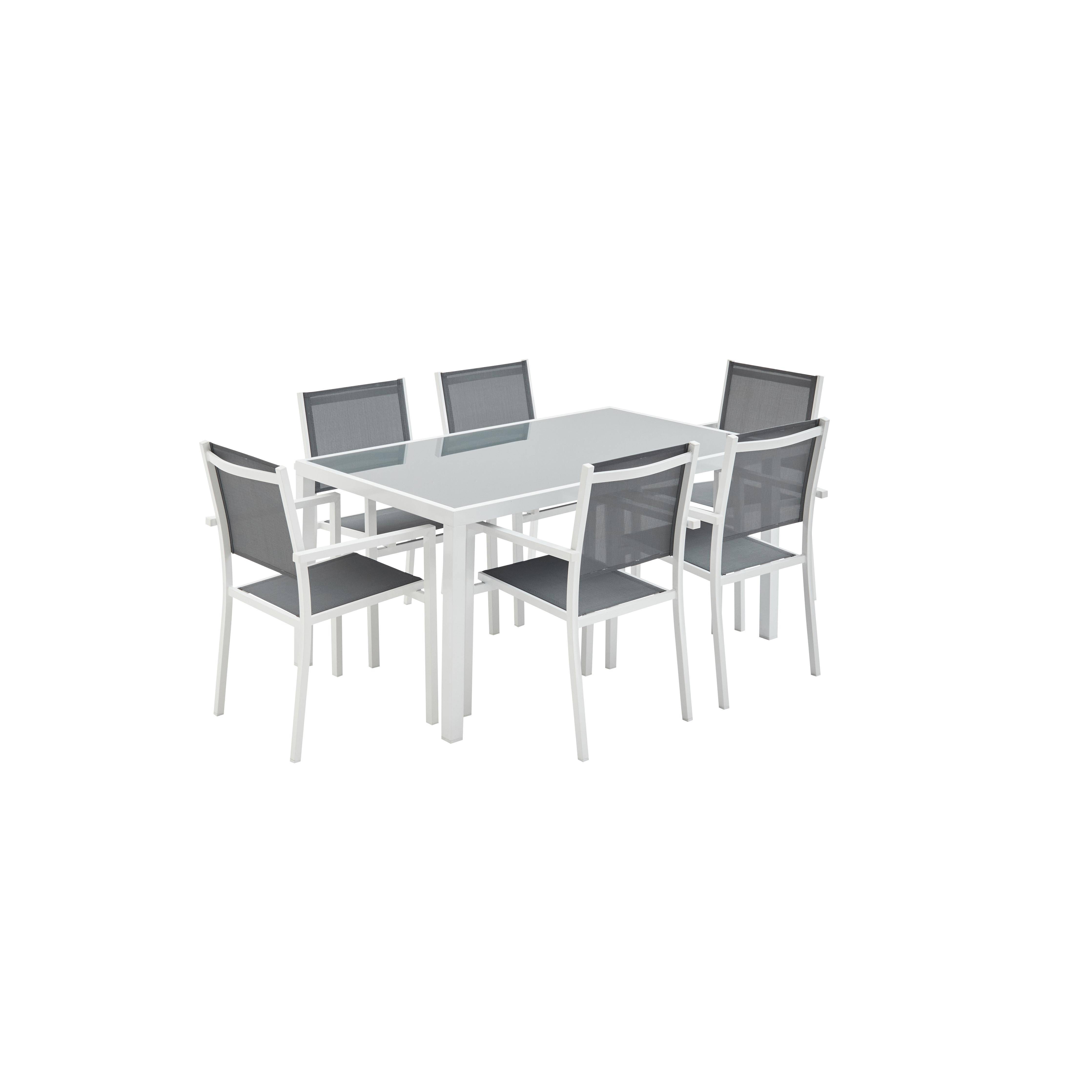 Gartengarnitur aus Aluminium und Textilene - Capua - Weiß, Grau - 1 großer rechteckiger Tisch, 6 stapelbare Sessel Photo2