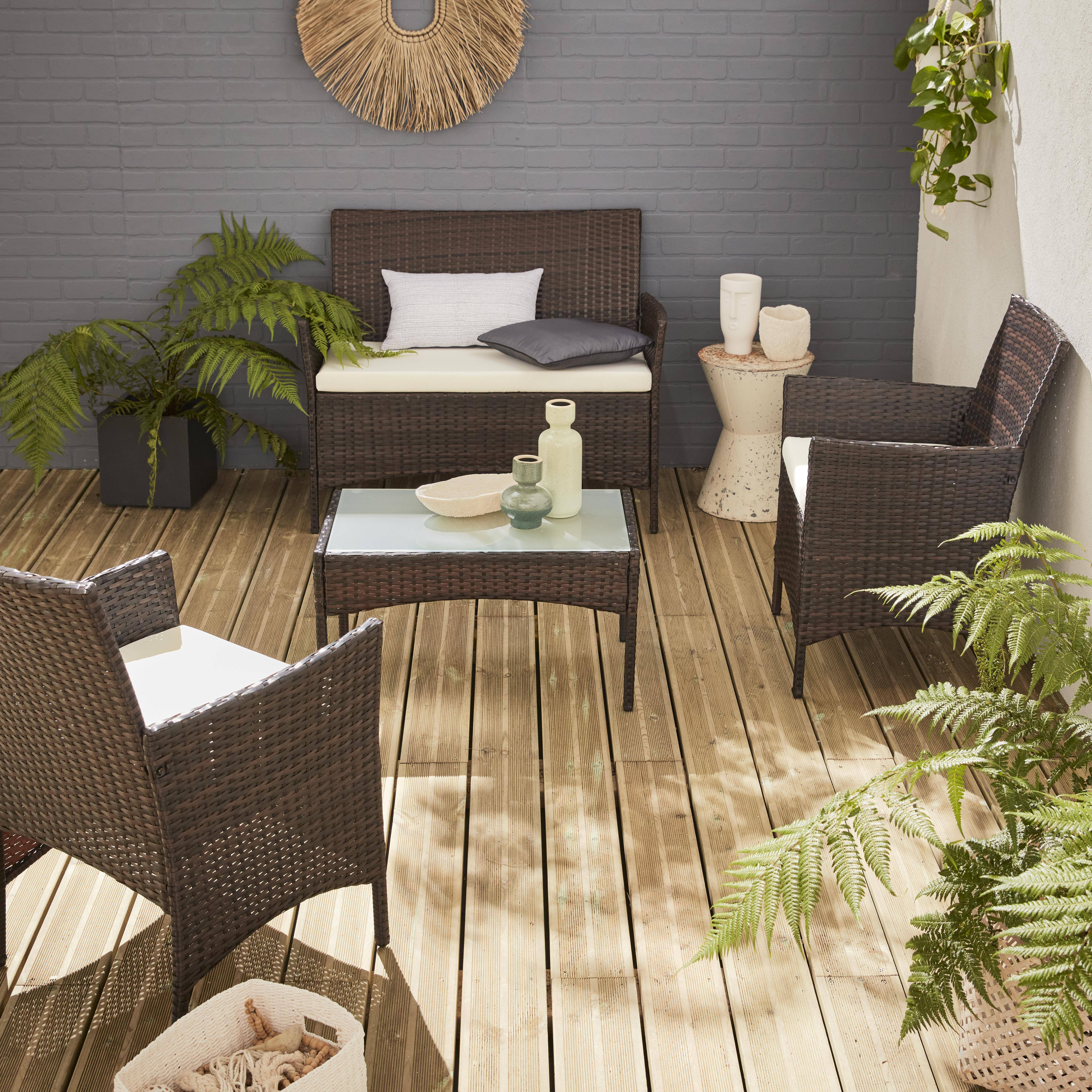 Salotto da giardino in resina intrecciata - modello: Moltés - Cioccolato, cuscini, colore: Ecru - 4 posti - 1 divano, 2 poltrone, un tavolino  basso Photo1