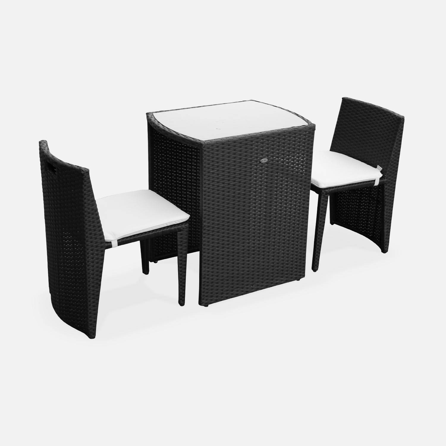 Conjunto de mesa e cadeiras de jardim em rotim (aspeto vime) sintético - Preto, Castanho, almofadas em cru - 2 lugares - Doppio Photo1