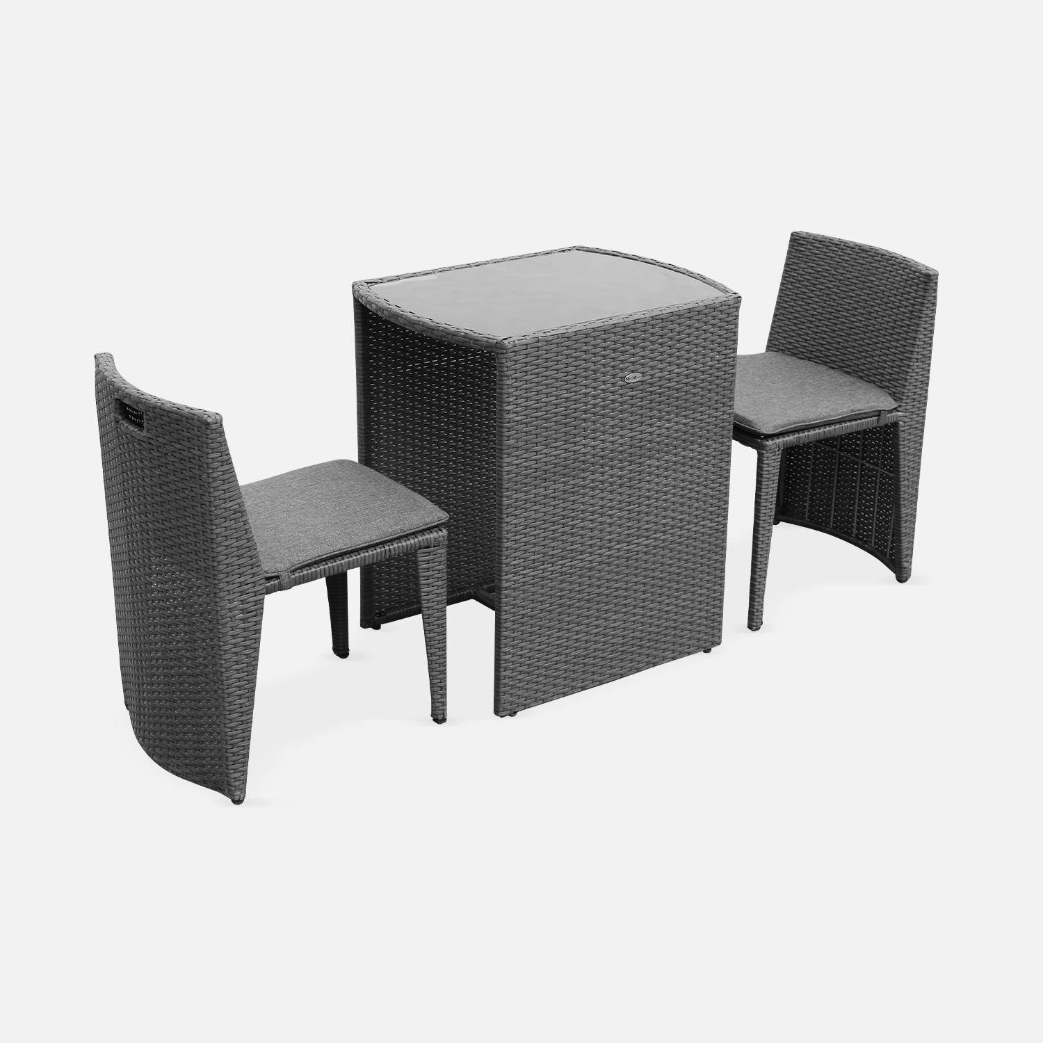 Conjunto de mesa e cadeiras de jardim em rotim (aspeto vime) sintético - Cinzento, almofadas em cinzento - 2 lugares - DOPPIO Photo4