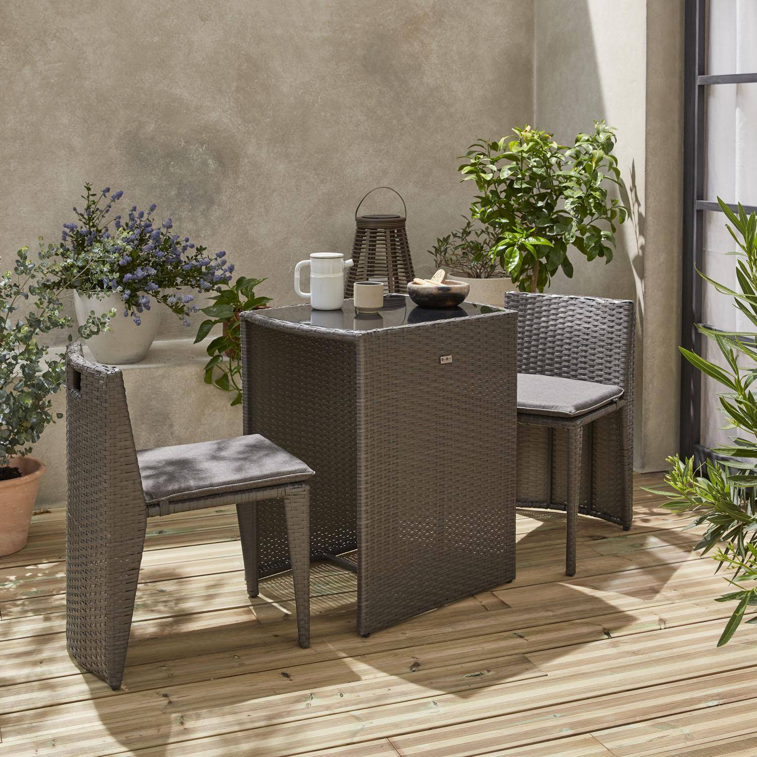 Gartentisch aus Kunststoffrattan - Doppio - Grau, graumelierte Kissen - 2 Plätze, eingebaut, spezieller Balkon oder kleine Terrasse Photo1