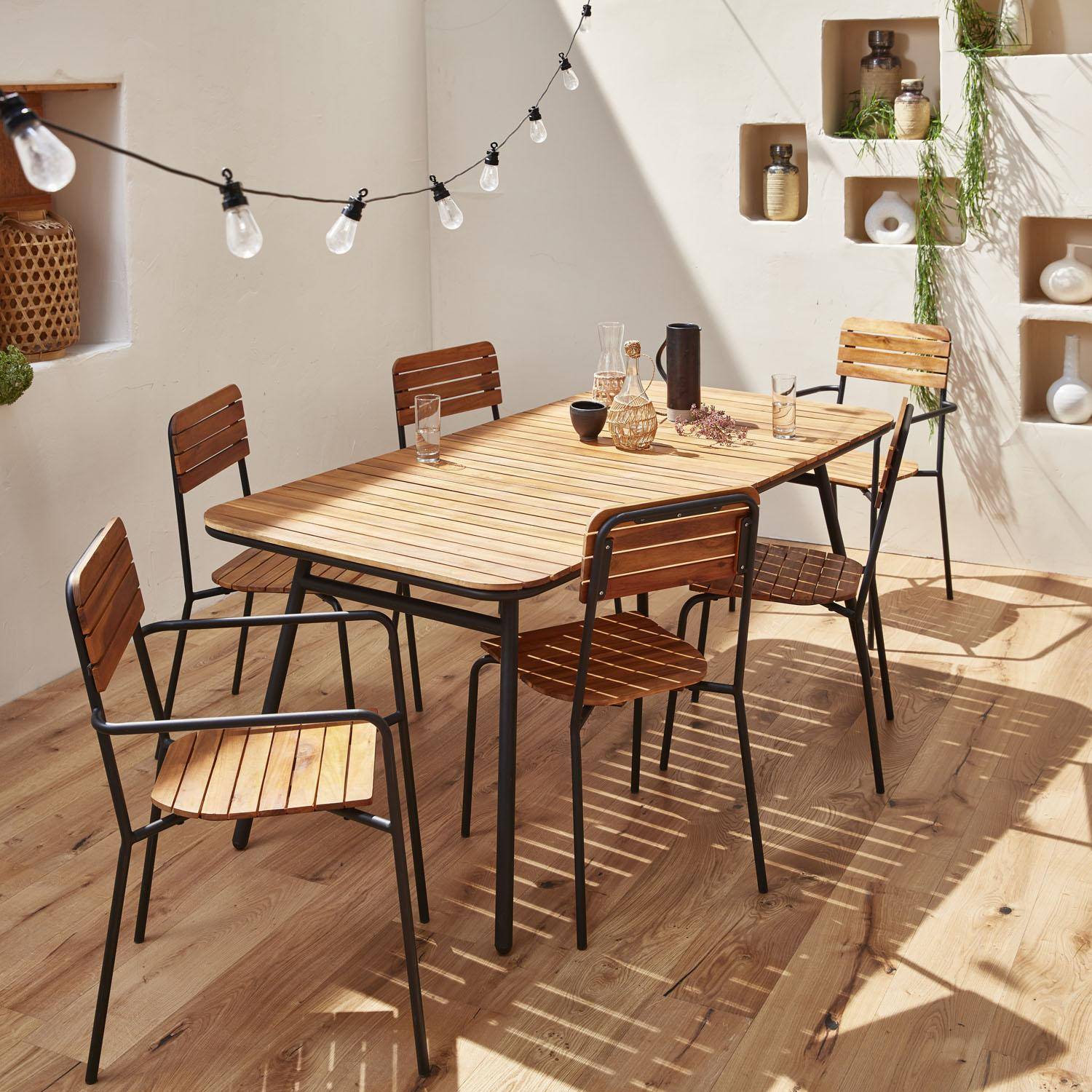 Gartenmöbel-Set aus Holz und Metall 180x90cm - Lima - Rechteckiger Tisch aus Akazie und Metall mit 4 Stühlen und 2 stapelbaren Sesseln Photo1