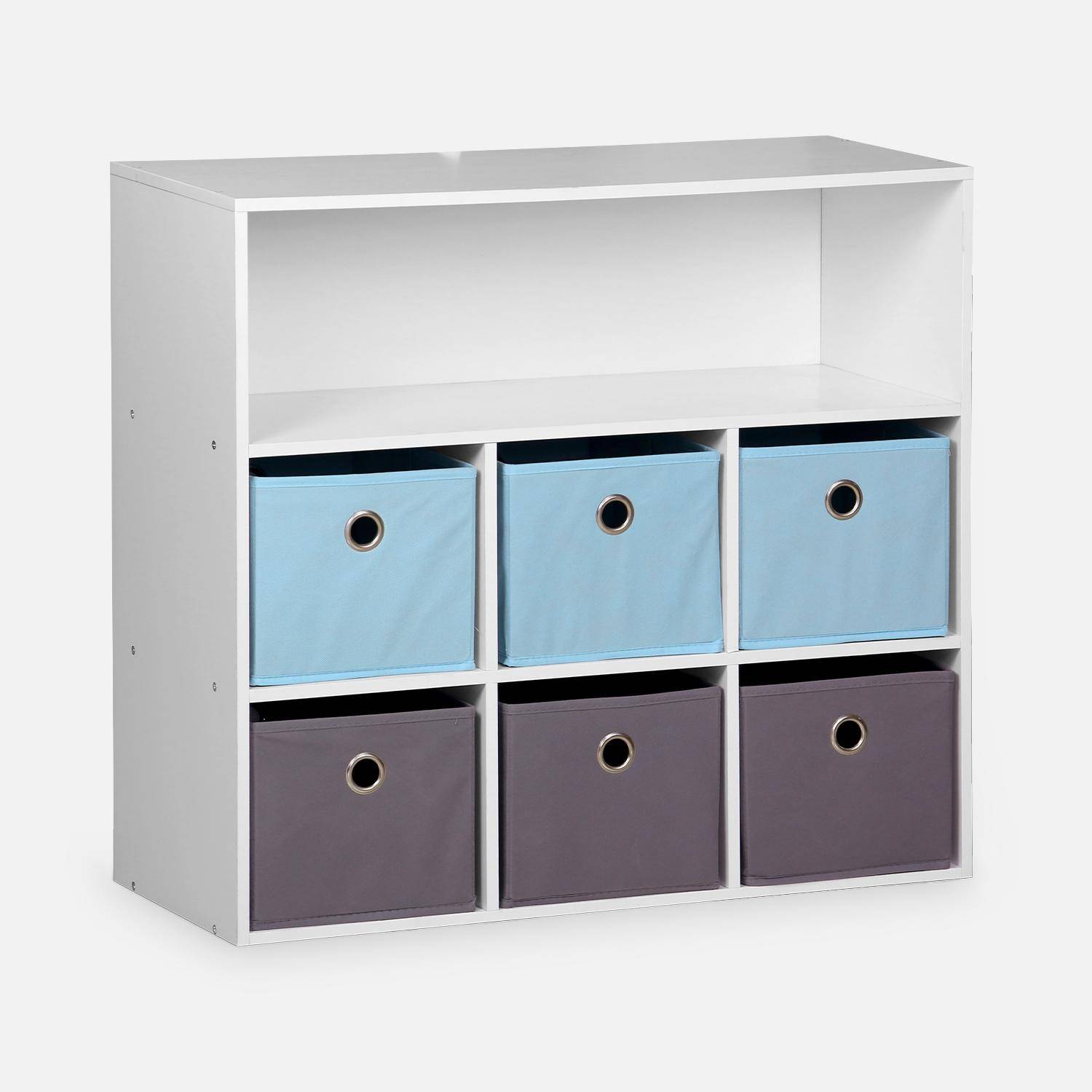 Mueble con almacenaje para niño, blanco - Camilo - con 7 compartimentos y 6 cestas grises y azules Photo3