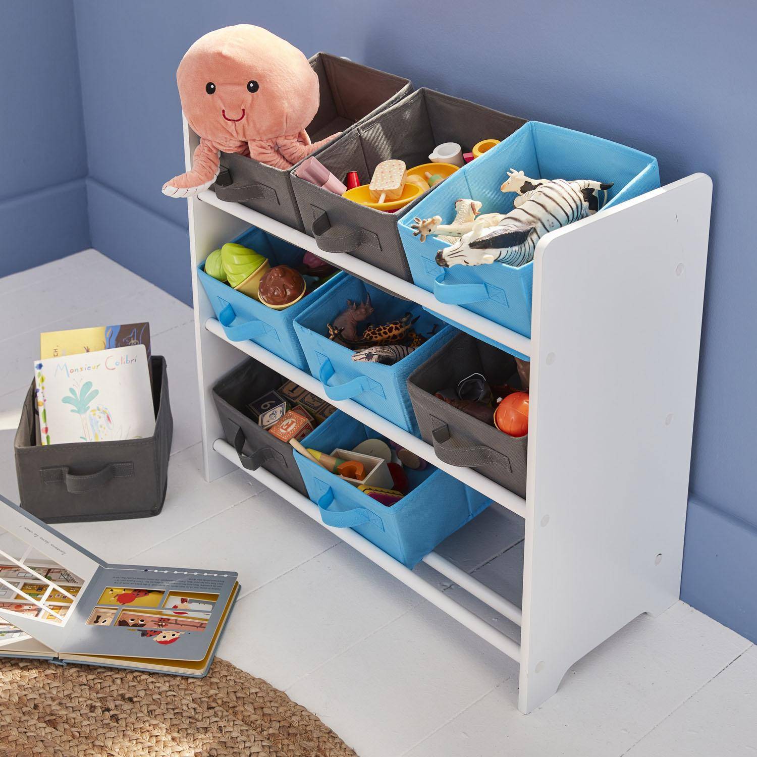 Mueble de almacenaje para niño, blanco - Camilo - con 3 estantes y 9 cestas grises y azules Photo2