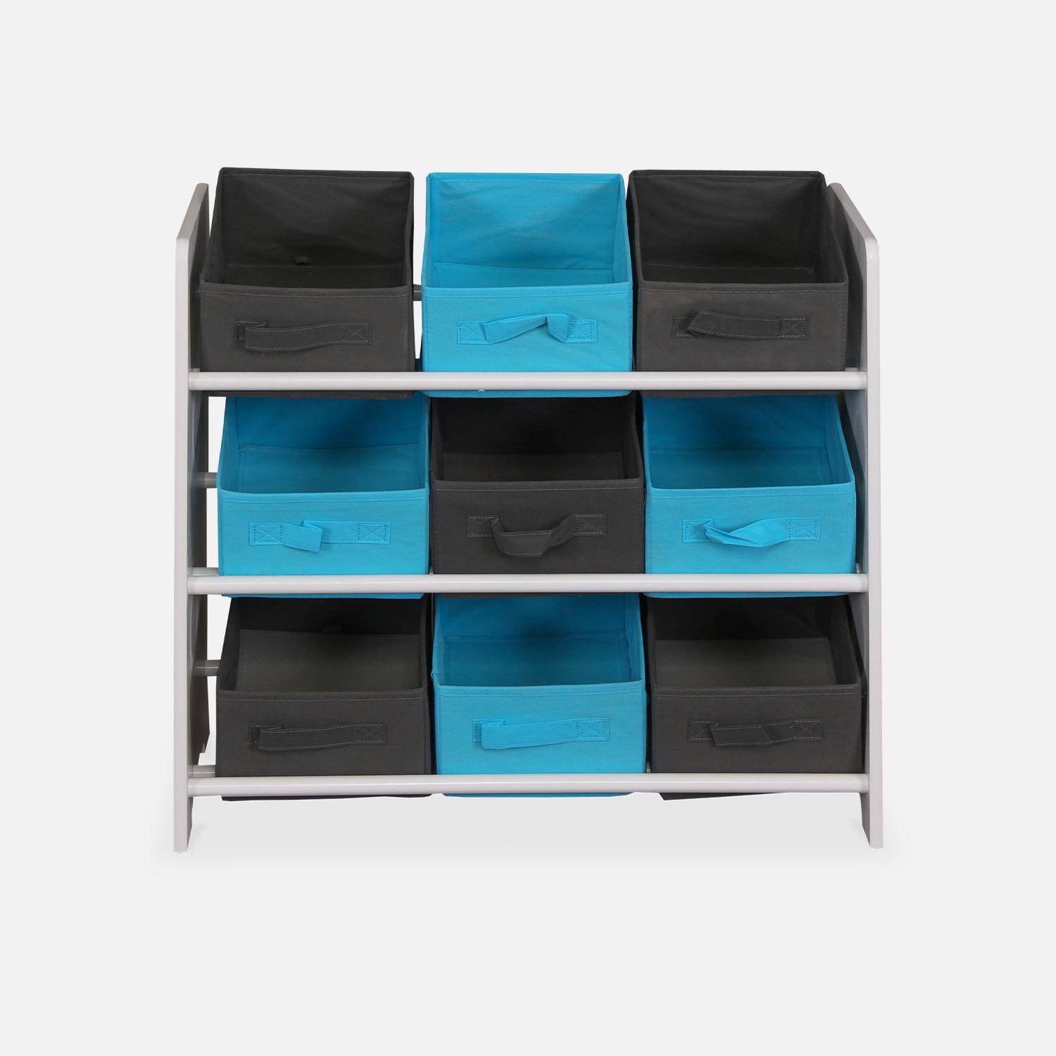 Regal für Kinder mit Aufbewahrungsboxen - Camille - Weiß, mit 3 Regalen und 9 Körben Grau und Blau Photo4