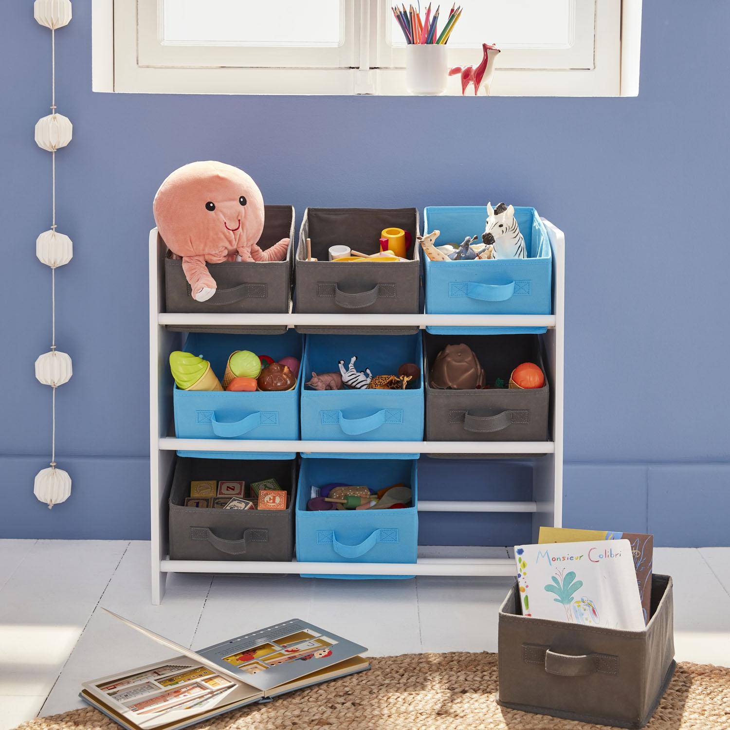 Opbergkast voor kinderen, wit, met 3 niveaus en 9 grijze en blauwe manden  Photo1
