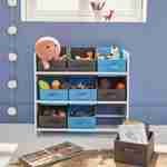Regal für Kinder mit Aufbewahrungsboxen - Camille - Weiß, mit 3 Regalen und 9 Körben Grau und Blau Photo1