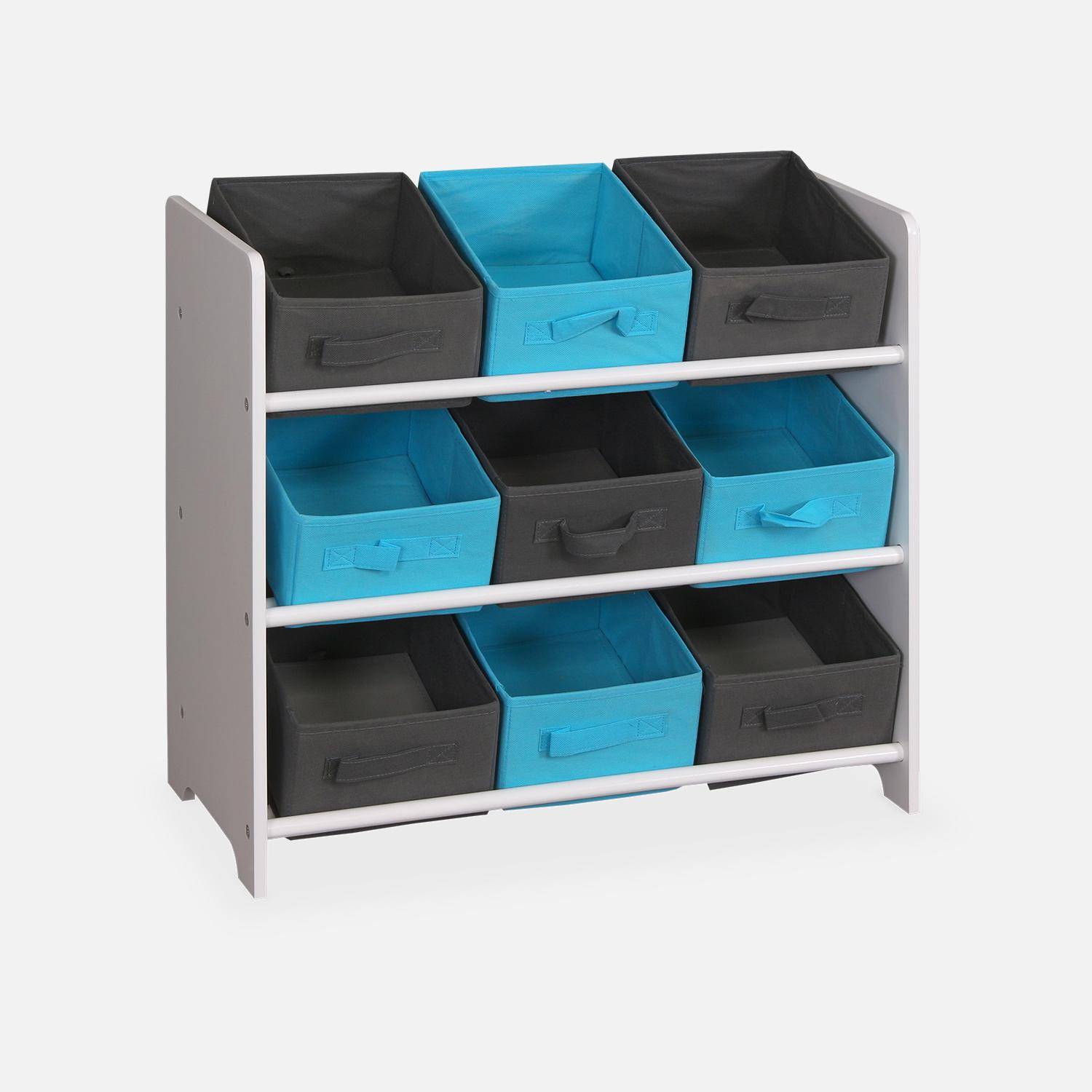 Opbergkast voor kinderen, wit, met 3 niveaus en 9 grijze en blauwe manden  Photo3
