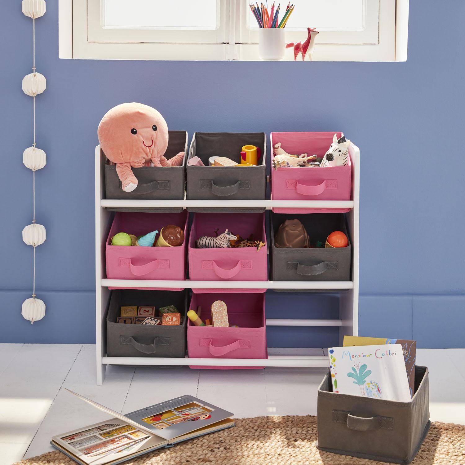 Opbergkast voor kinderen, wit, met 3 niveaus en 9 grijze en roze manden  Photo1