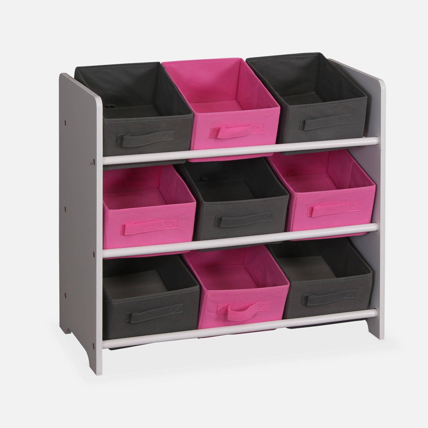Opbergkast voor kinderen, wit, met 3 niveaus en 9 grijze en roze manden  Photo3