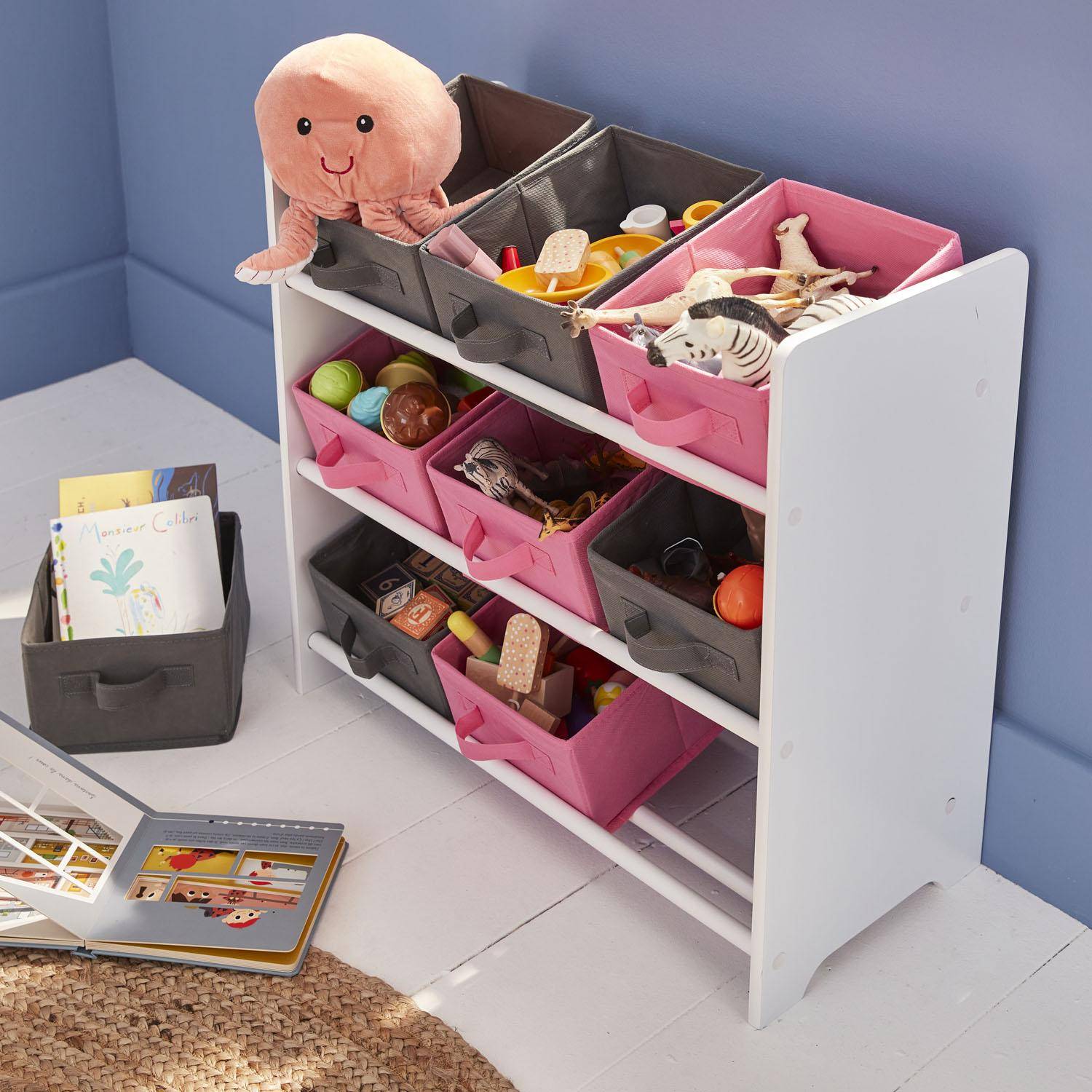 Opbergkast voor kinderen, wit, met 3 niveaus en 9 grijze en roze manden  Photo2