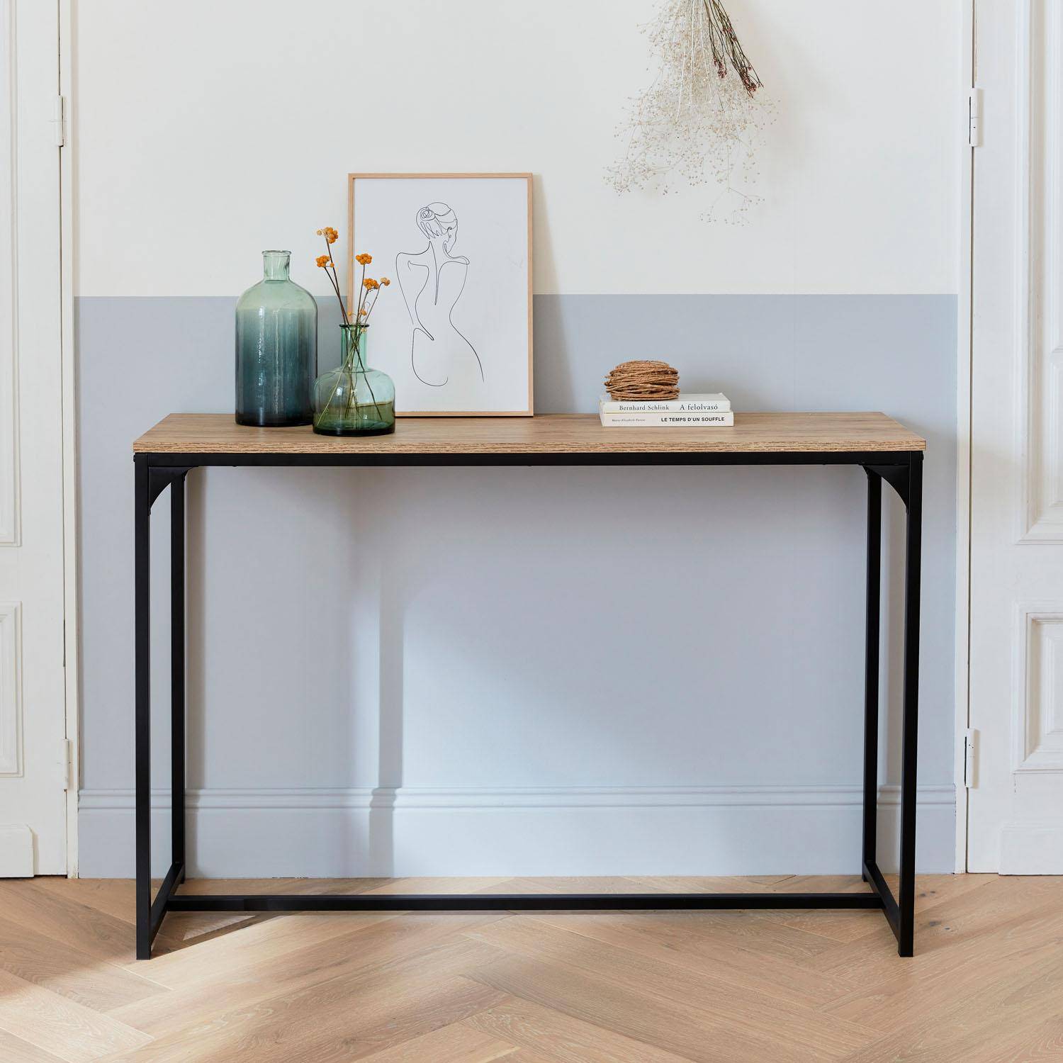 Console en métal noir et décor bois, 120x39x79cm - Loft -  table d'appoint avec 1 barre de renfort  Photo2
