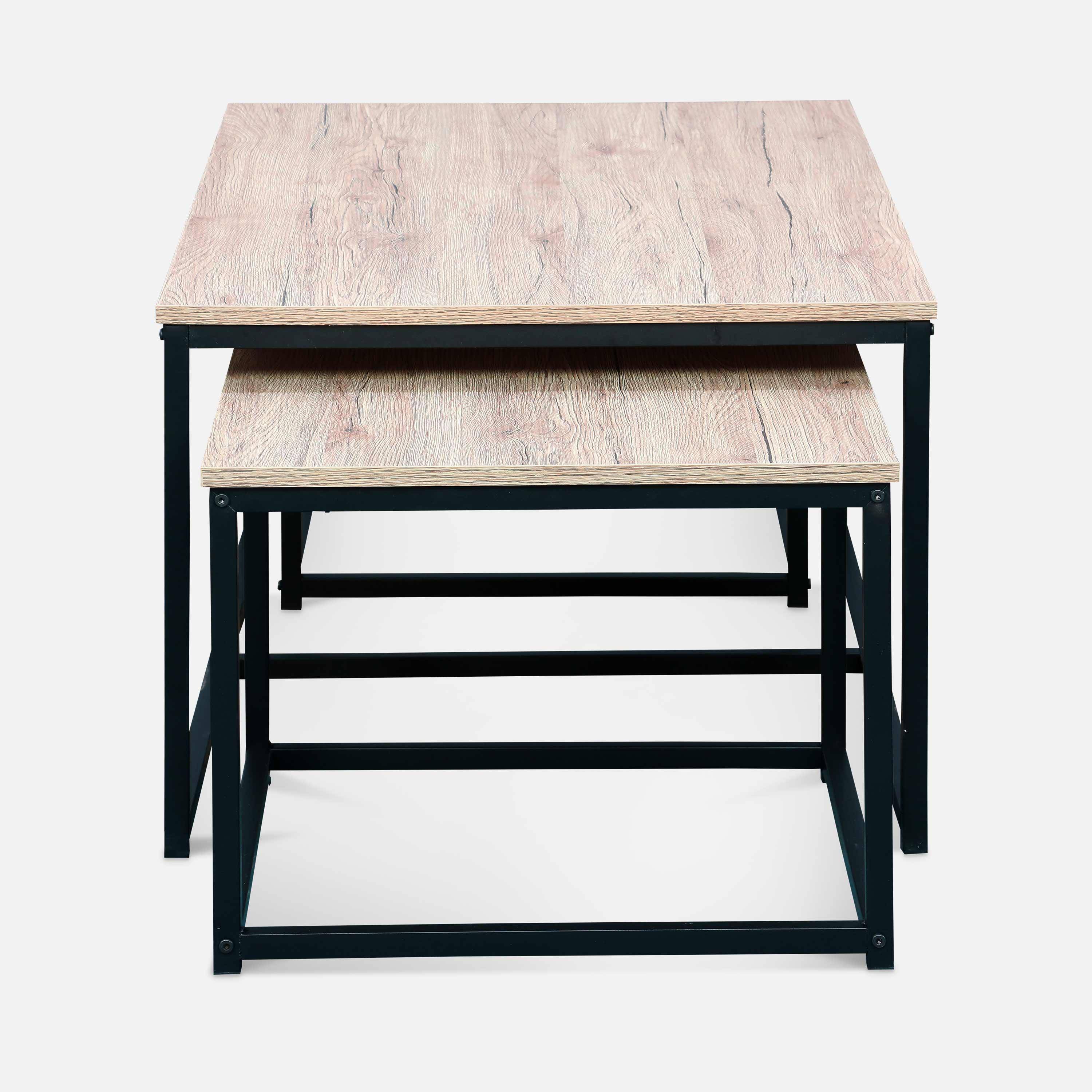 Lot de 3 tables gigognes métal noir et décor bois - Loft - encastrables, 1x100x60x45cm / 2x50x50x38cm Photo5