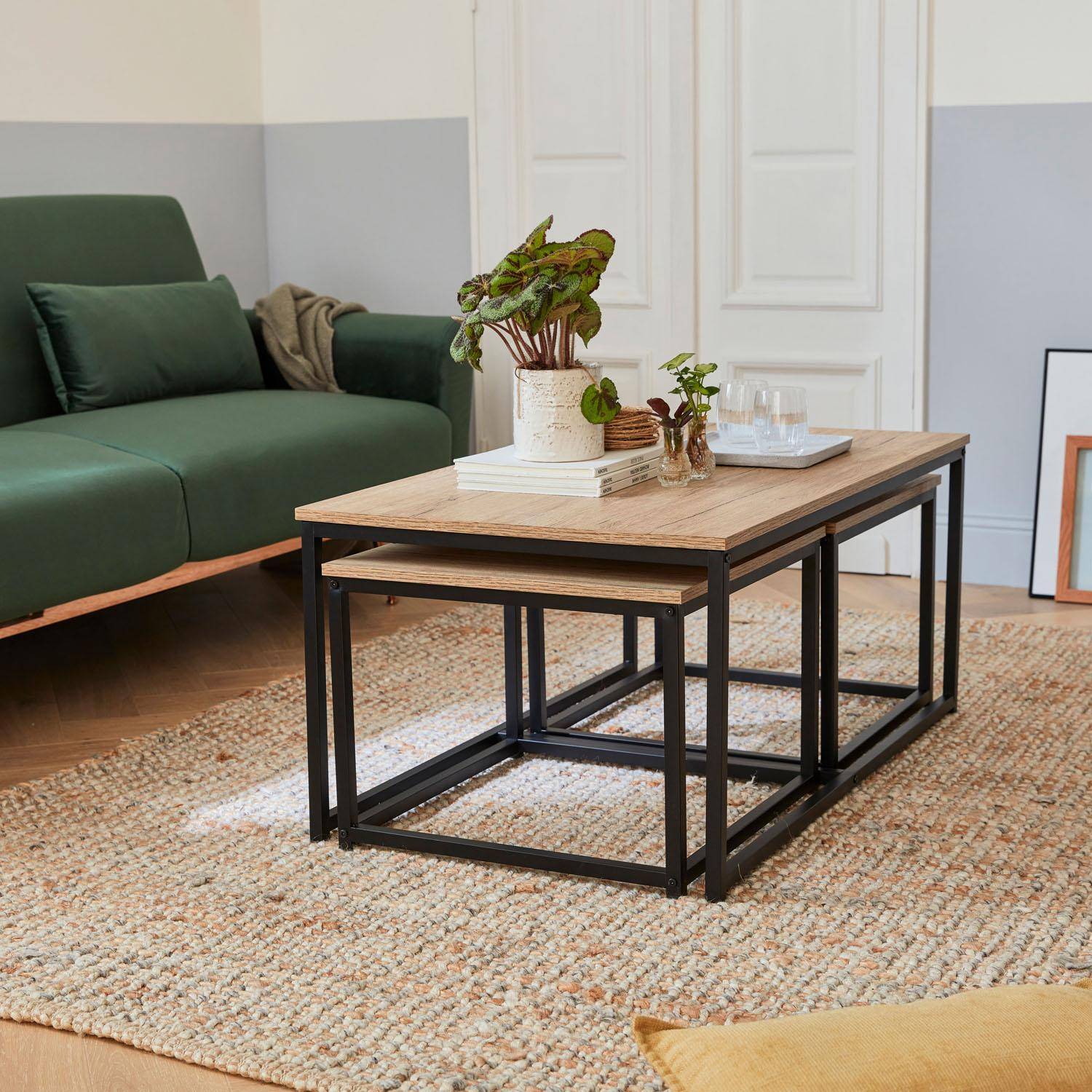 Set van 3 salontafels van zwart metaal en houtlook, inschuifbaar, 1x100x60x45cm / 2x50x50x38cm Photo2