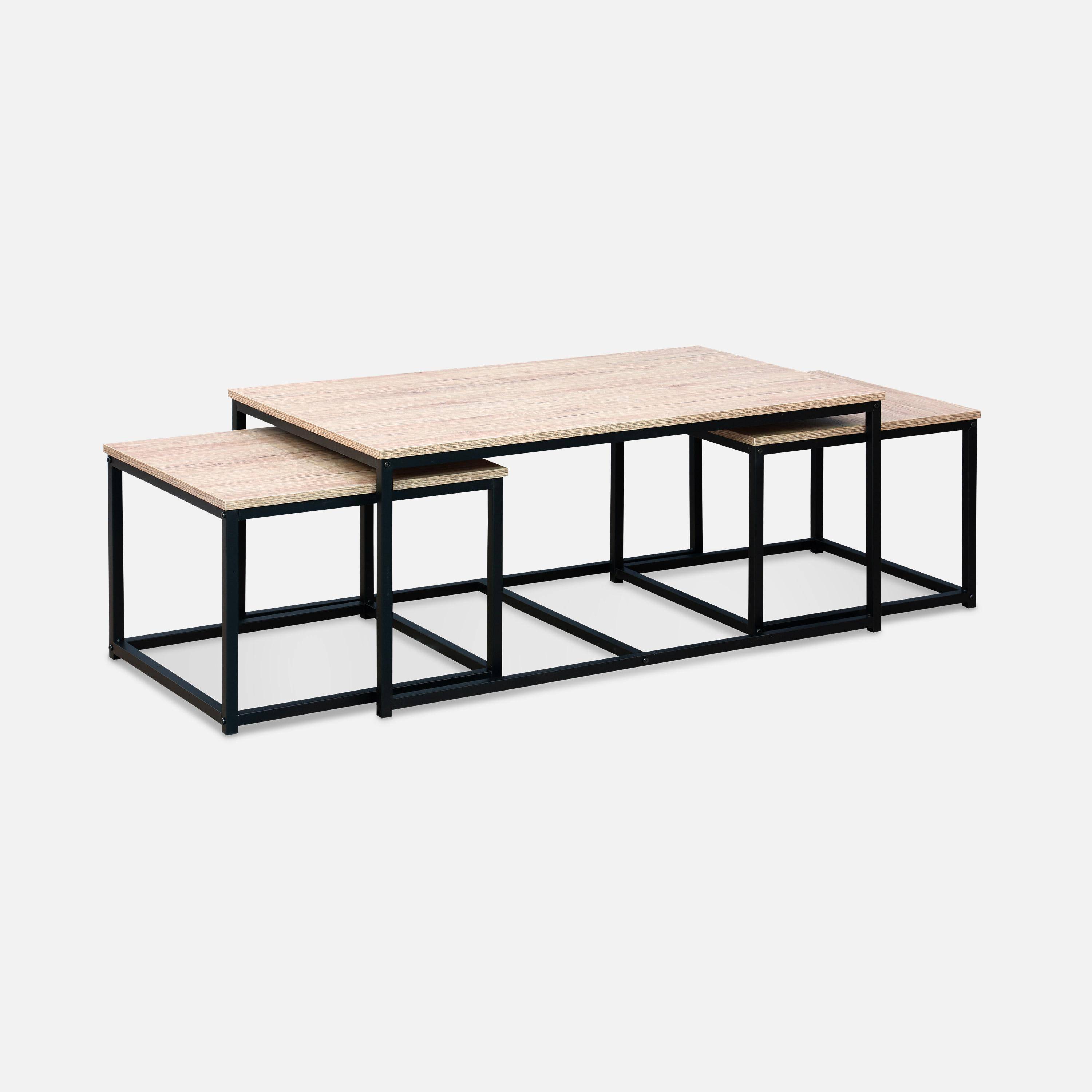Set van 3 salontafels van zwart metaal en houtlook, inschuifbaar, 1x100x60x45cm / 2x50x50x38cm Photo3