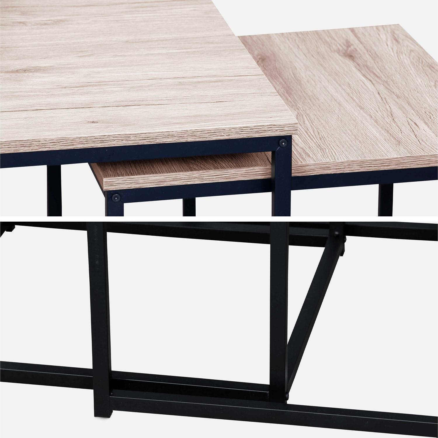 Set van 3 salontafels van zwart metaal en houtlook, inschuifbaar, 1x100x60x45cm / 2x50x50x38cm Photo8