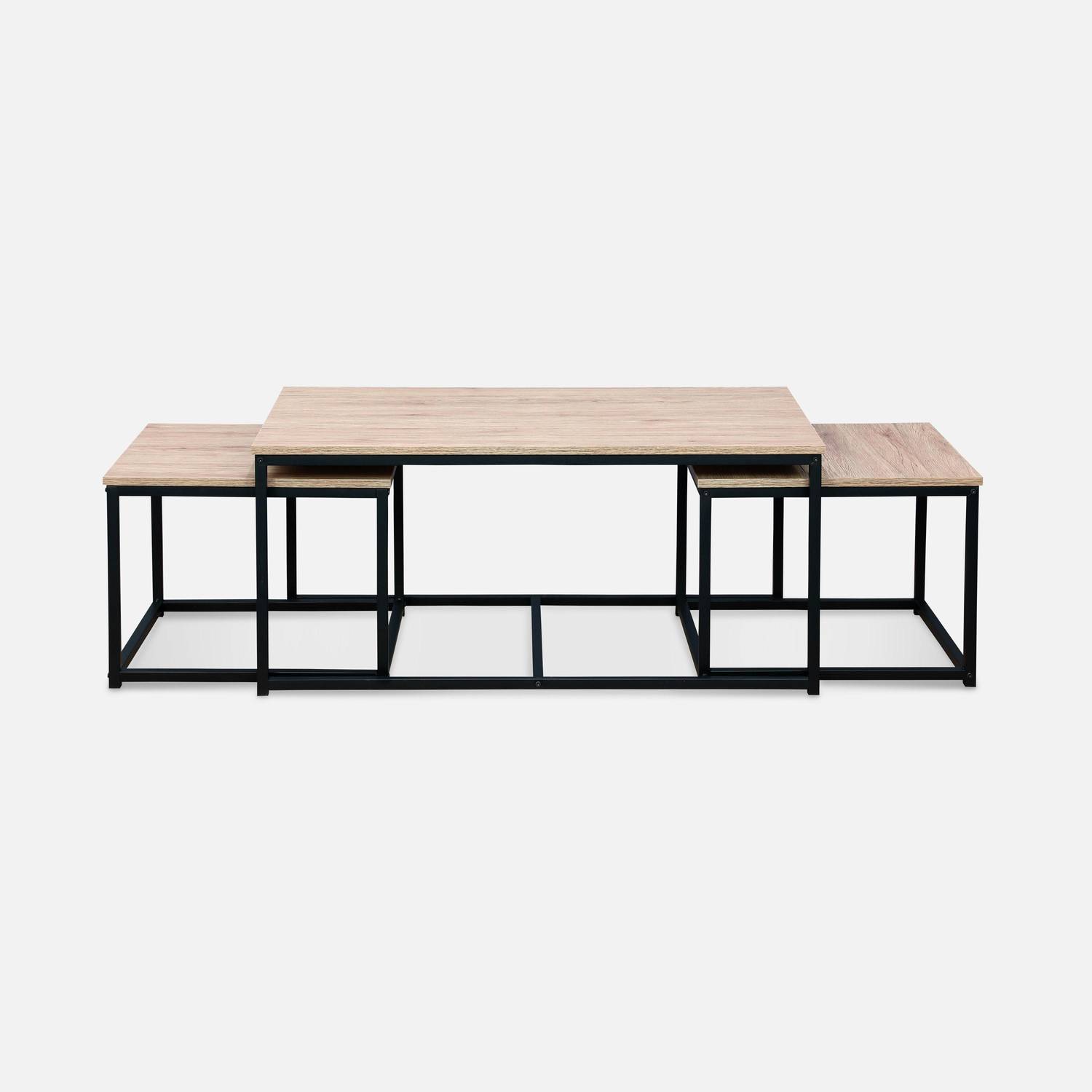 Set van 3 salontafels van zwart metaal en houtlook, inschuifbaar, 1x100x60x45cm / 2x50x50x38cm Photo4