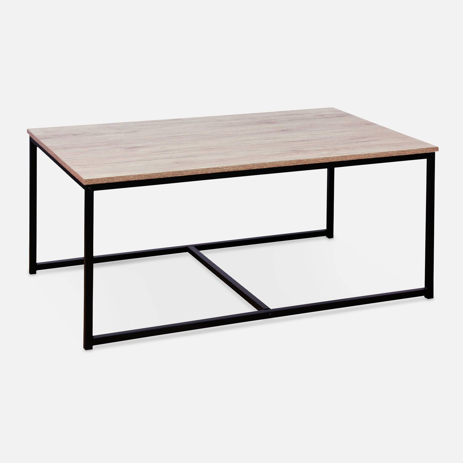Set van 3 salontafels van zwart metaal en houtlook, inschuifbaar, 1x100x60x45cm / 2x50x50x38cm Photo6