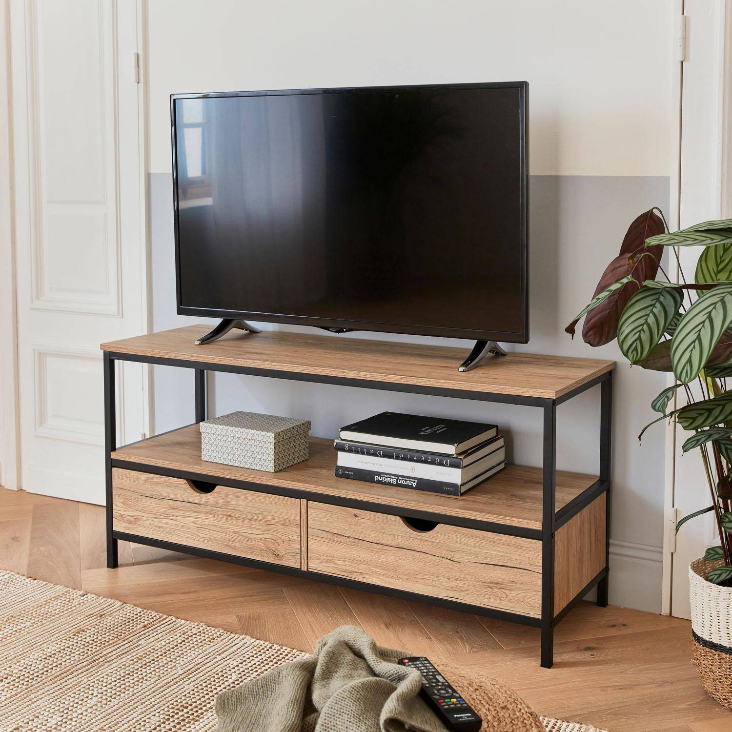 Mueble TV  efecto madera y metal 120x39x57cm - Loft - con 2 cajones Photo1