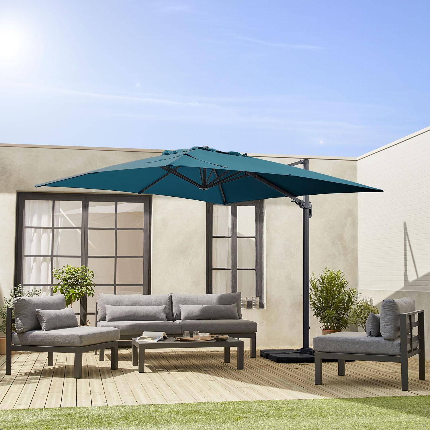 Hoogwaardige 3 x 3m vierkante parasol- Falgos - Eendblauw - Kantelbare, opvouwbare en 360° draaibare zweefparasol. Photo1