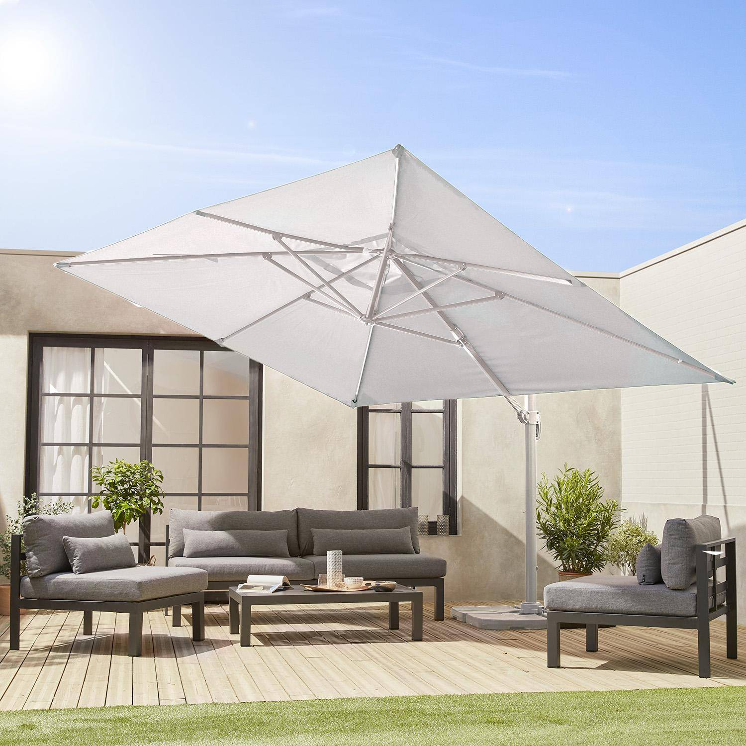 Hoogwaardige 3 x 4m vierkante parasol- St. Jean de Luz  - Wit - Kantelbare, opvouwbare en 360° draaibare zweefparasol Photo1