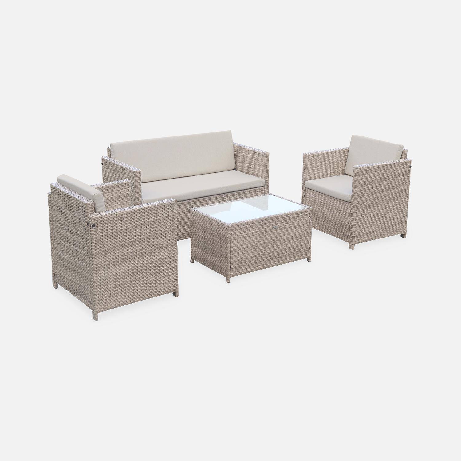 Wicker loungeset - 4 plaatsen - 1 bank, 2 fauteuils, een lage tafel. Naturel wicker en beige kussens Photo1