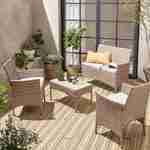 Salon de jardin en résine tressée - Moltès - Naturel, Coussins beiges - 4 places - 1 canapé, 2 fauteuils, une table basse Photo1